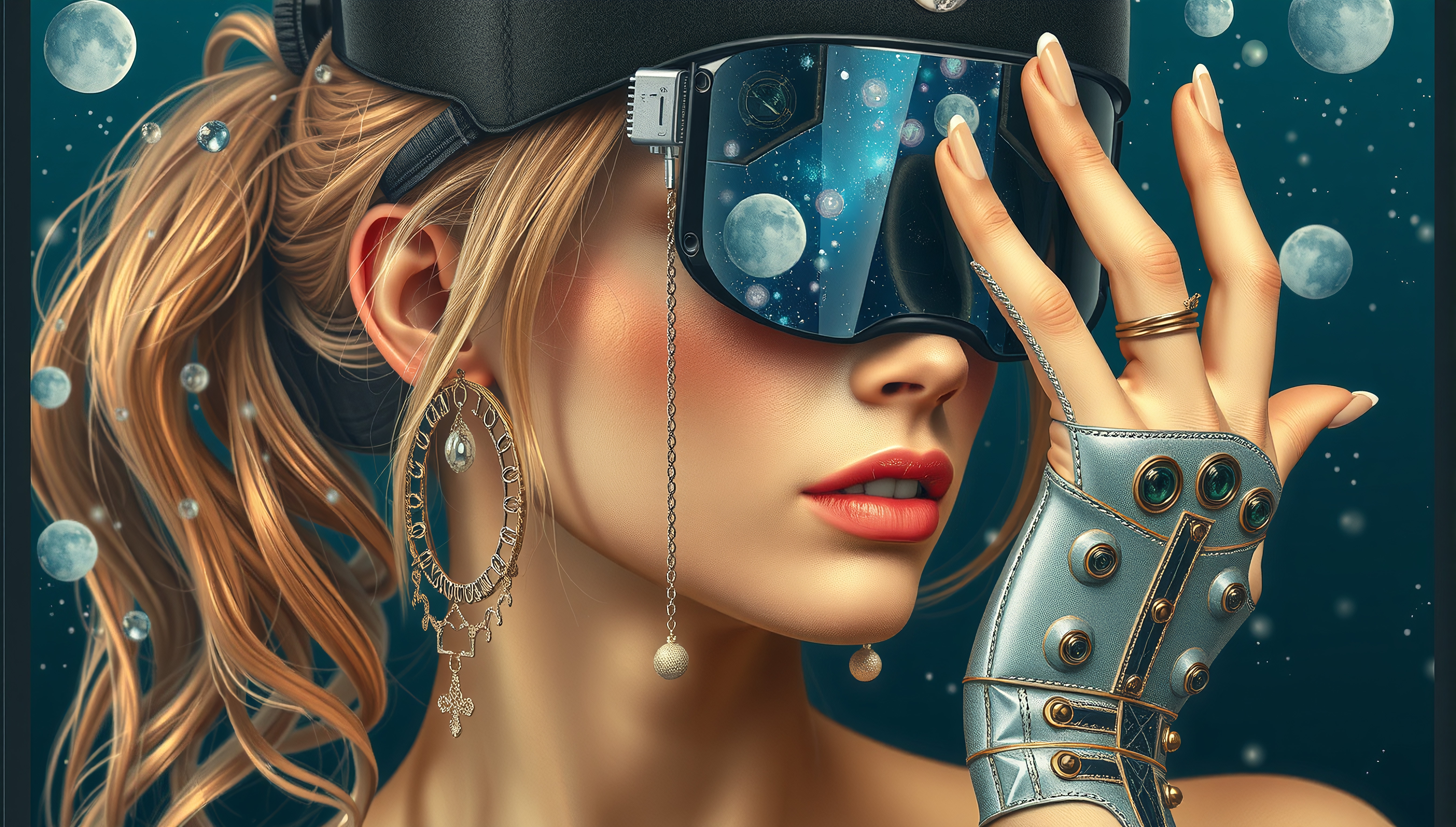 A woman in stylish virtual reality goggles, adorned with celestial-themed reflections and ornate jewelry, suggesting an elegant, futuristic setting.