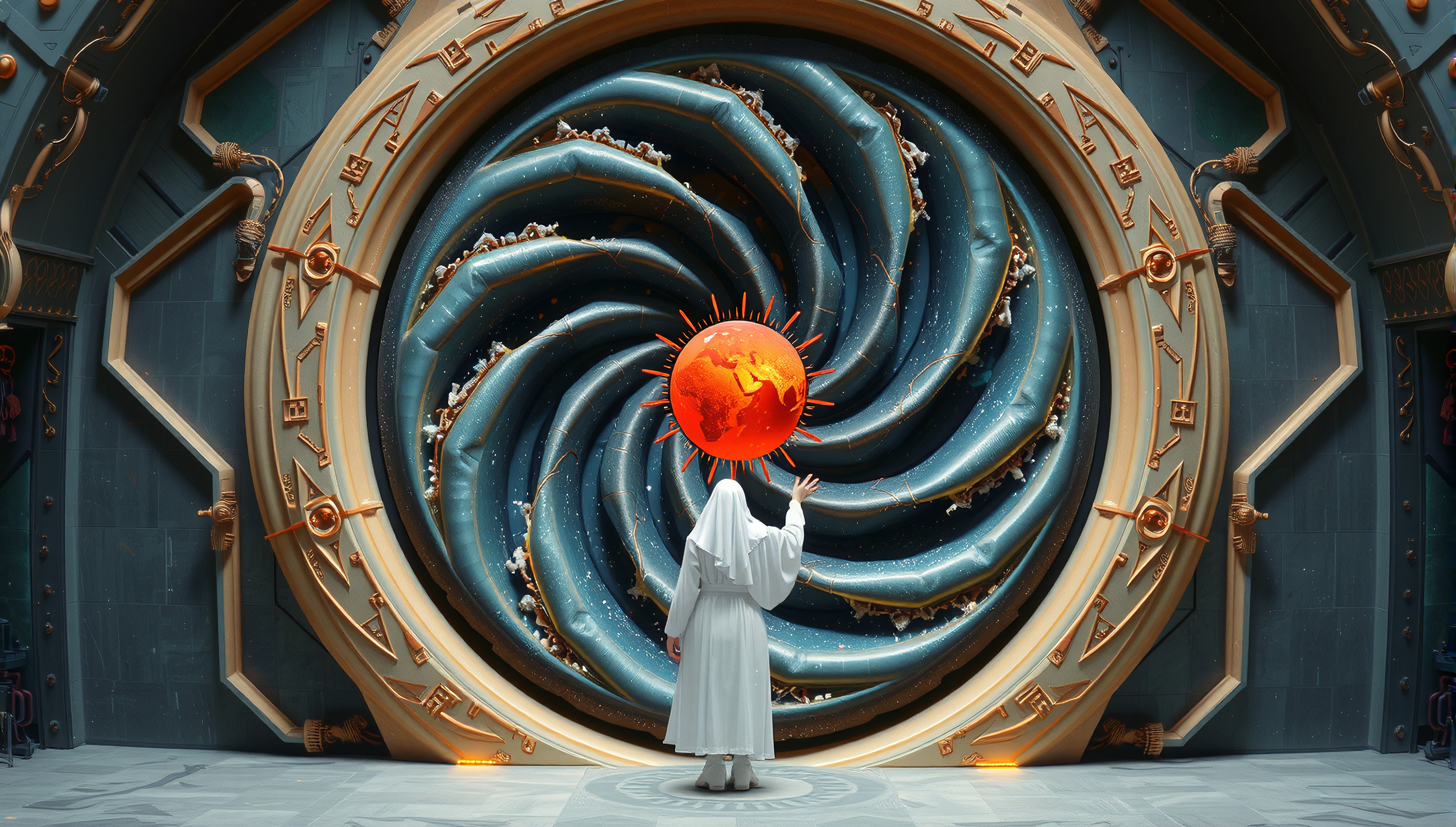 A mysterious figure reaches towards a glowing cosmic portal with swirling patterns.