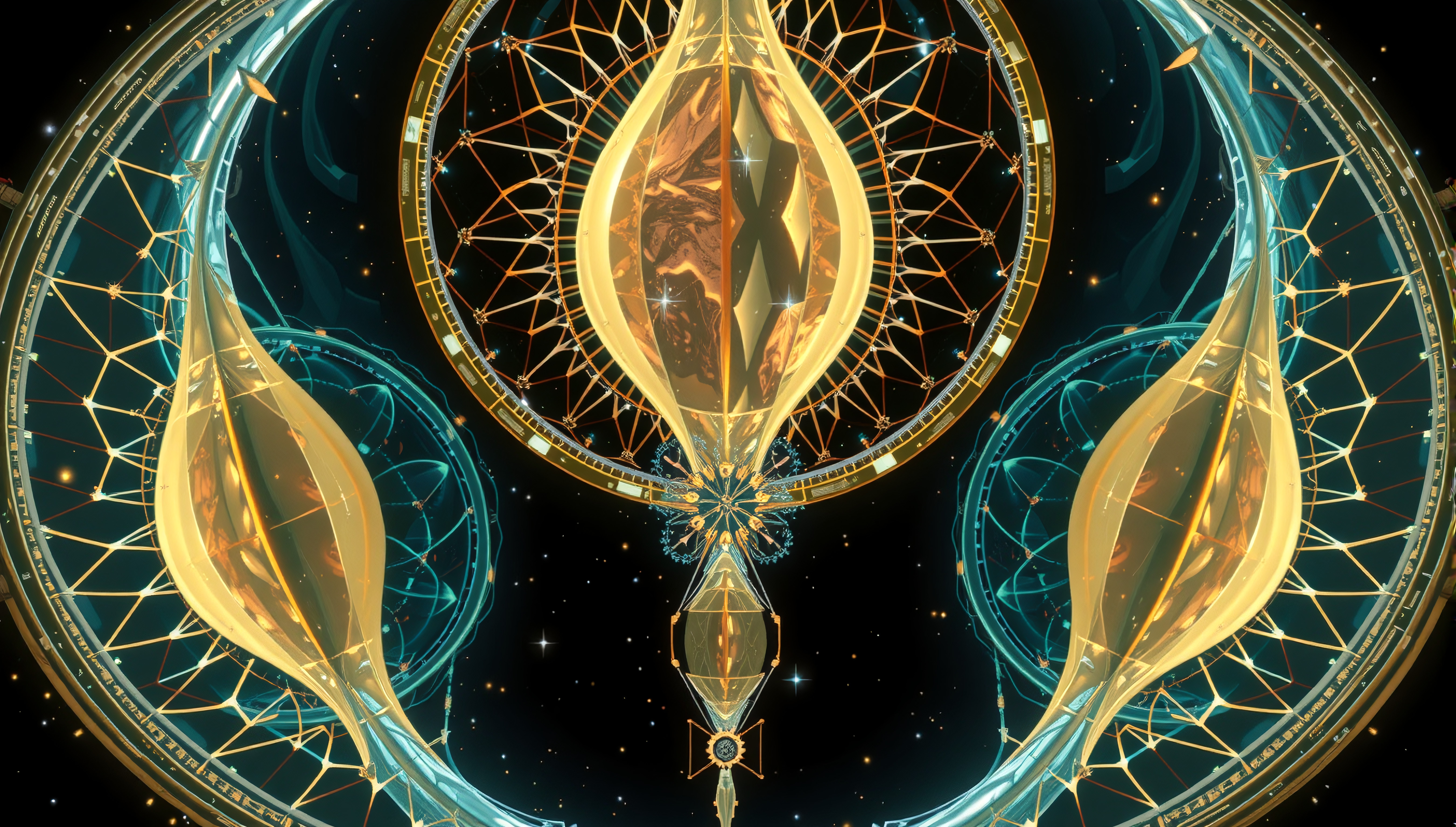 A mystical geometric structure with cosmic design elements and celestial patterns, exuding a harmonious fusion.