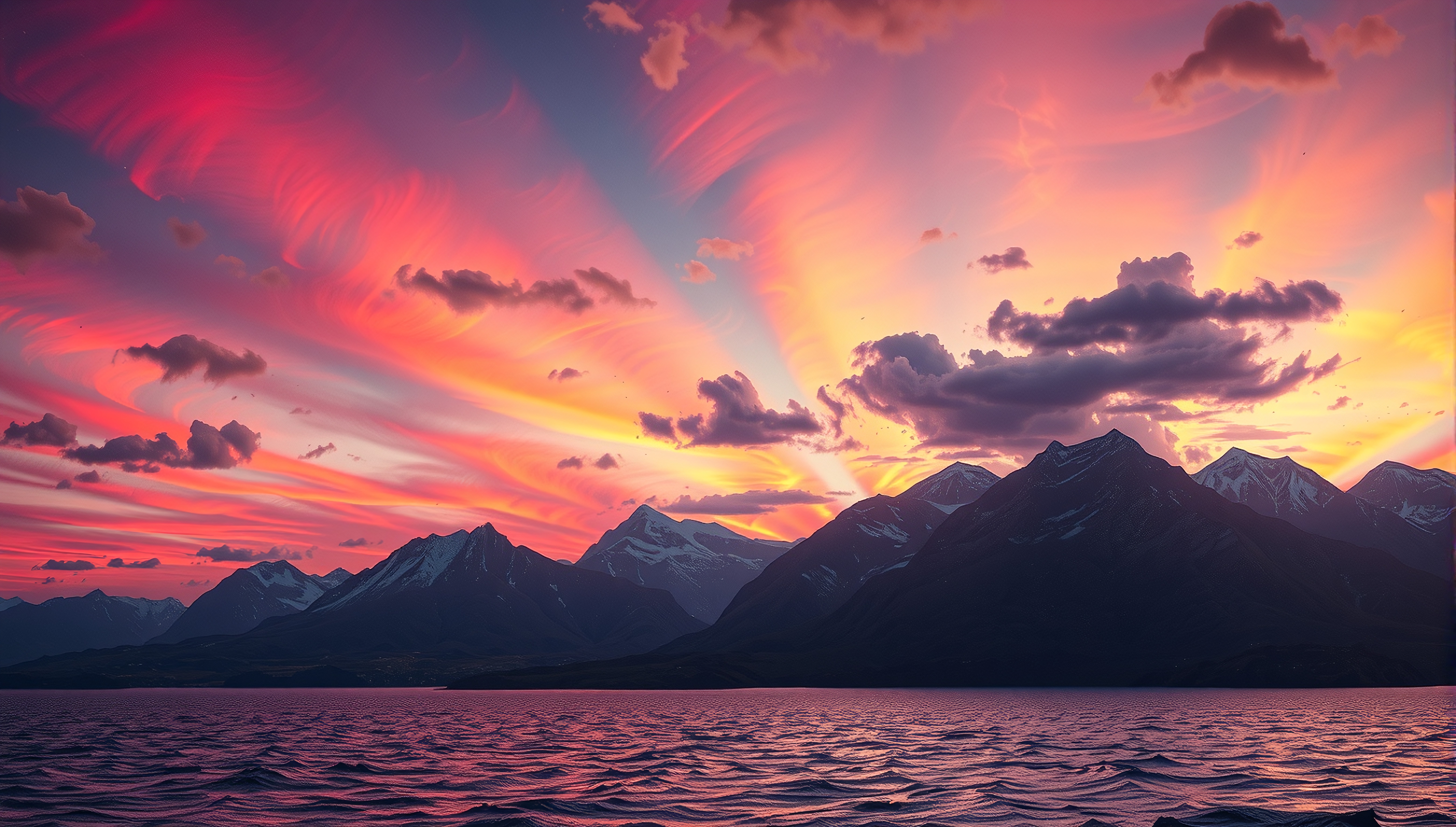 Dramatic sunset over mountain range reflecting in water.