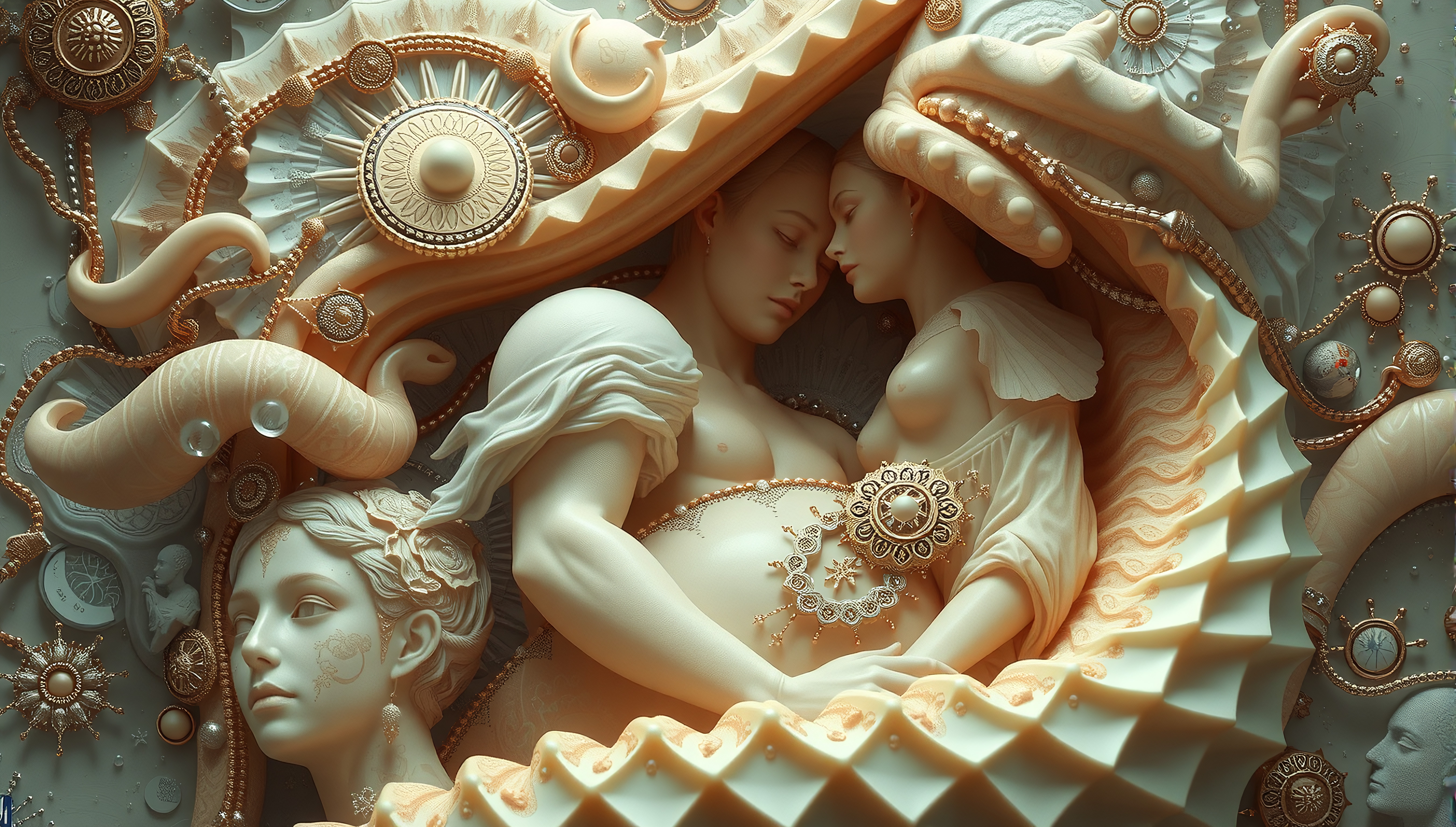 Surreal digital artwork of intricate ivory-colored sculptures intertwined in a dreamlike scene with ornamental elements.