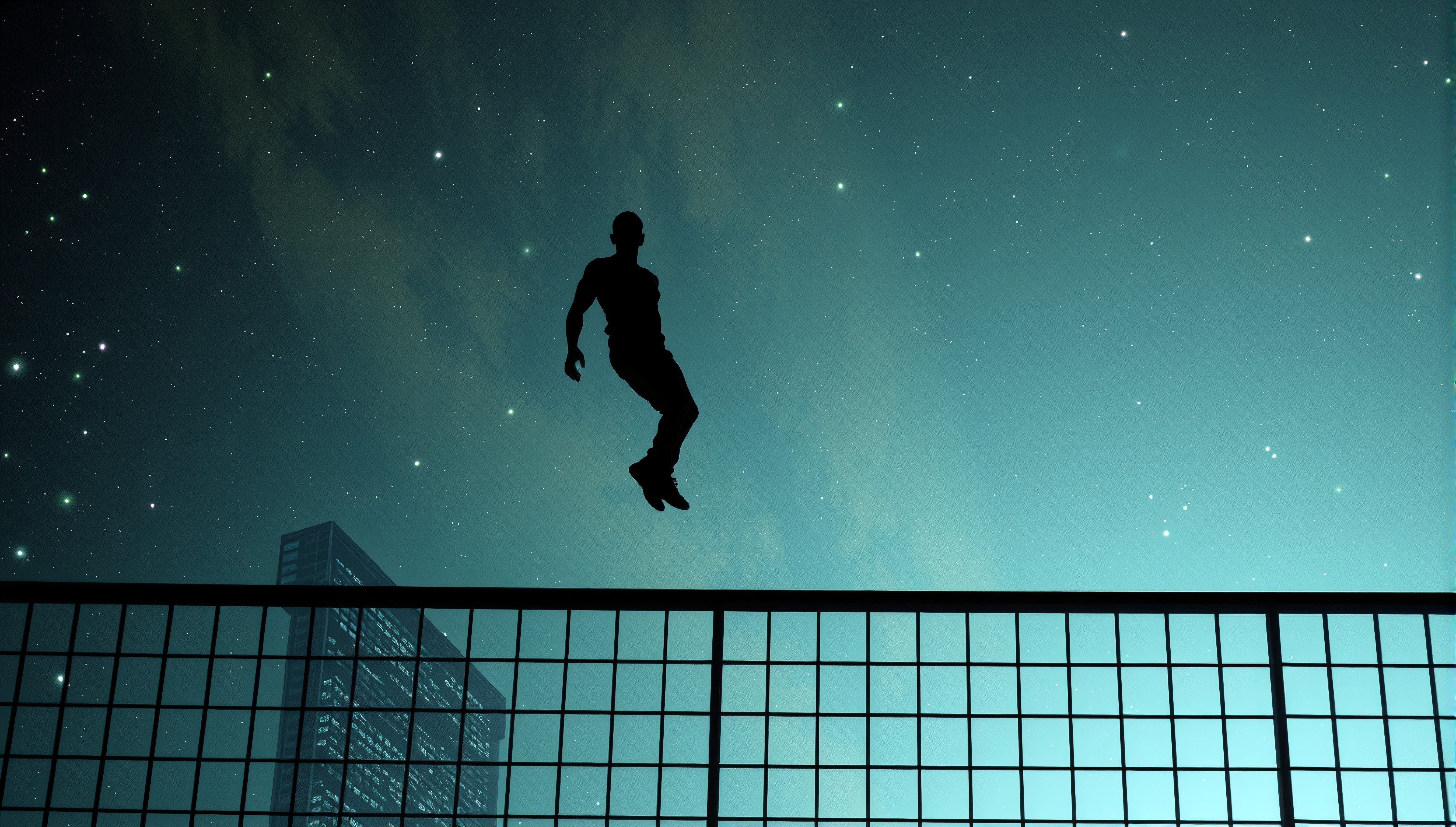 Silhouette of person jumping under starry sky at night.