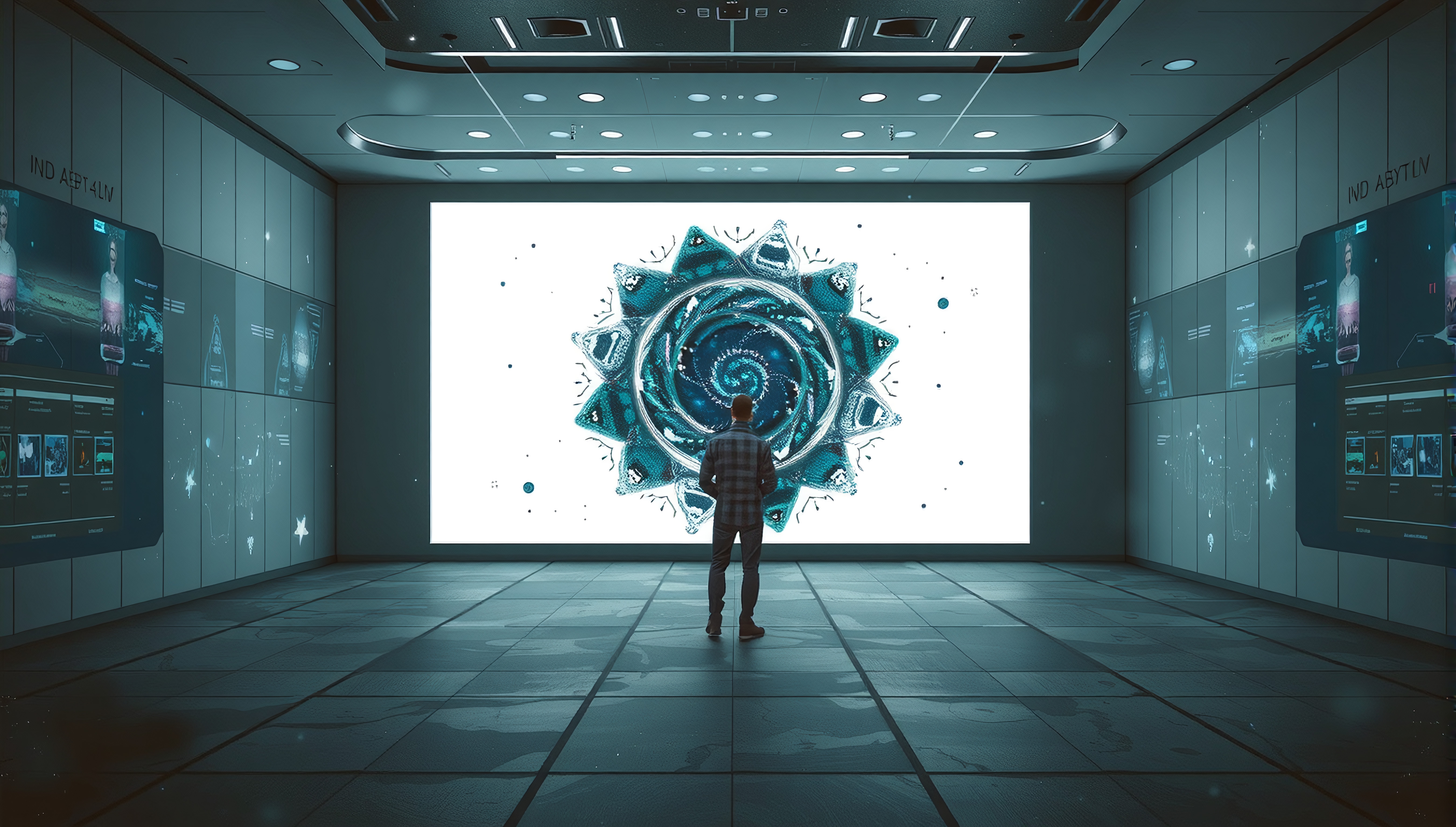 A person stands before a futuristic screen displaying an intricate, abstract design in a dimly lit, high-tech room.