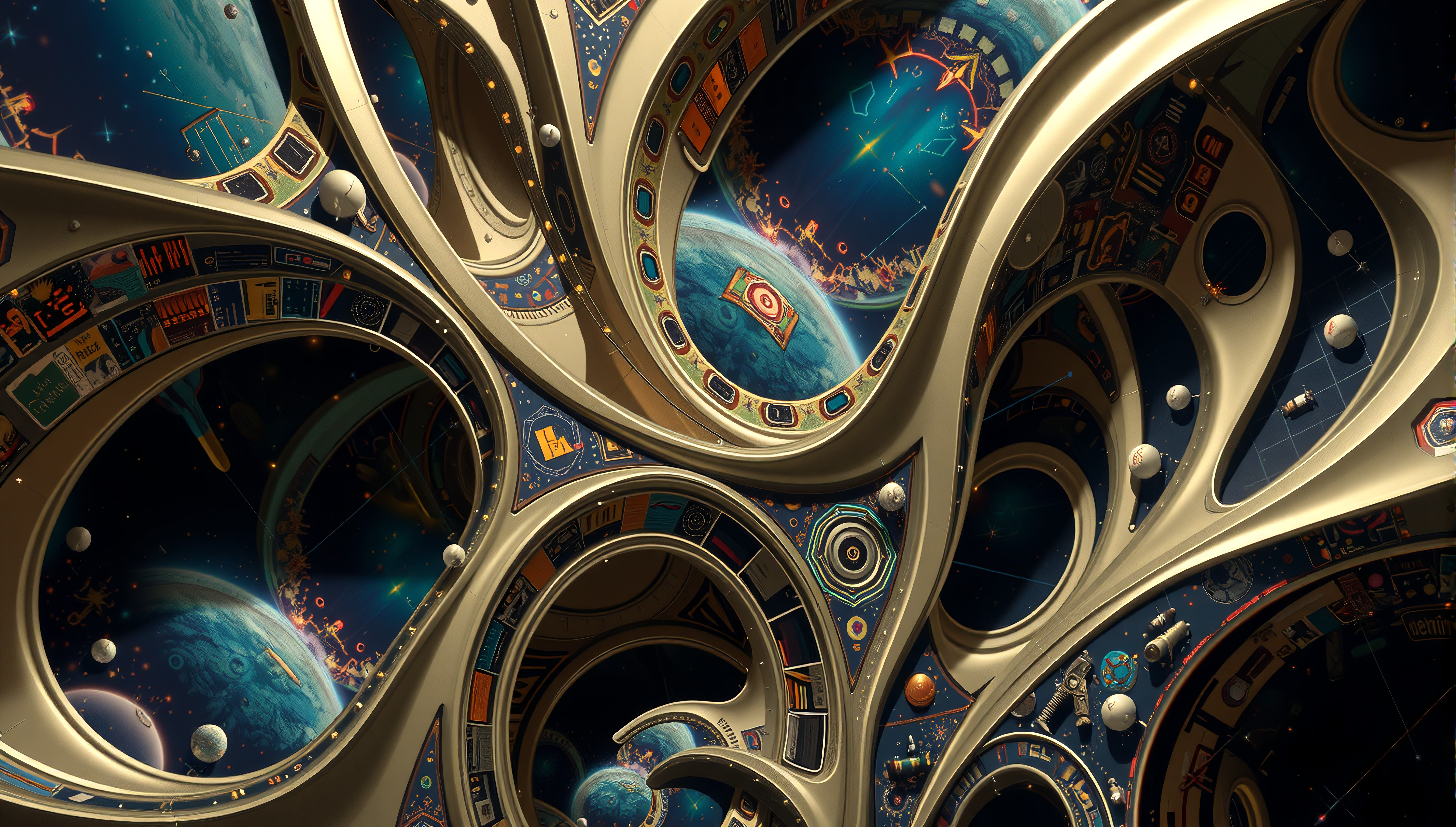 Futuristic Space Station Interior with Cosmic Windows and Planet