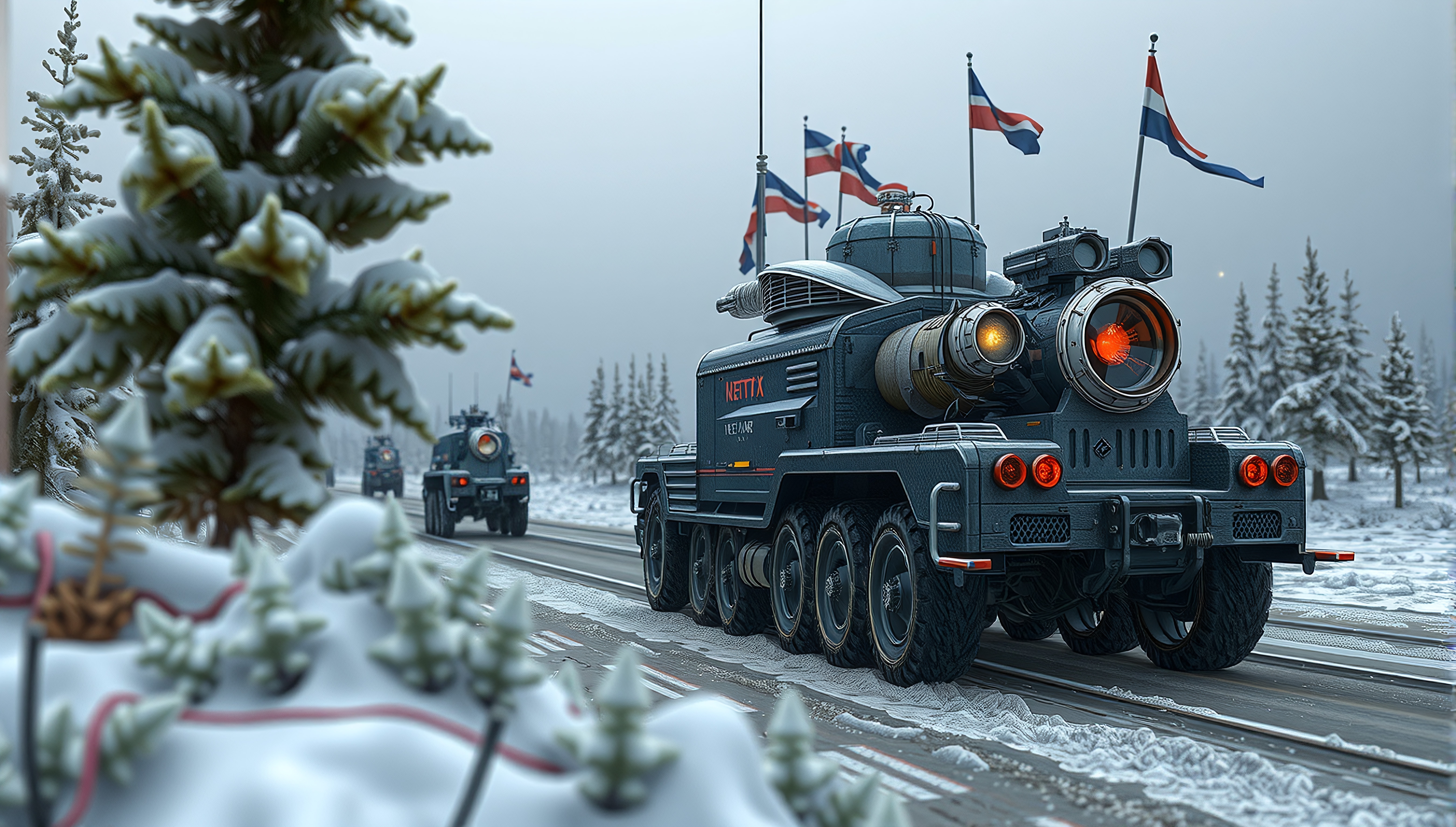 Futuristic armored convoy moves through snowy landscape.