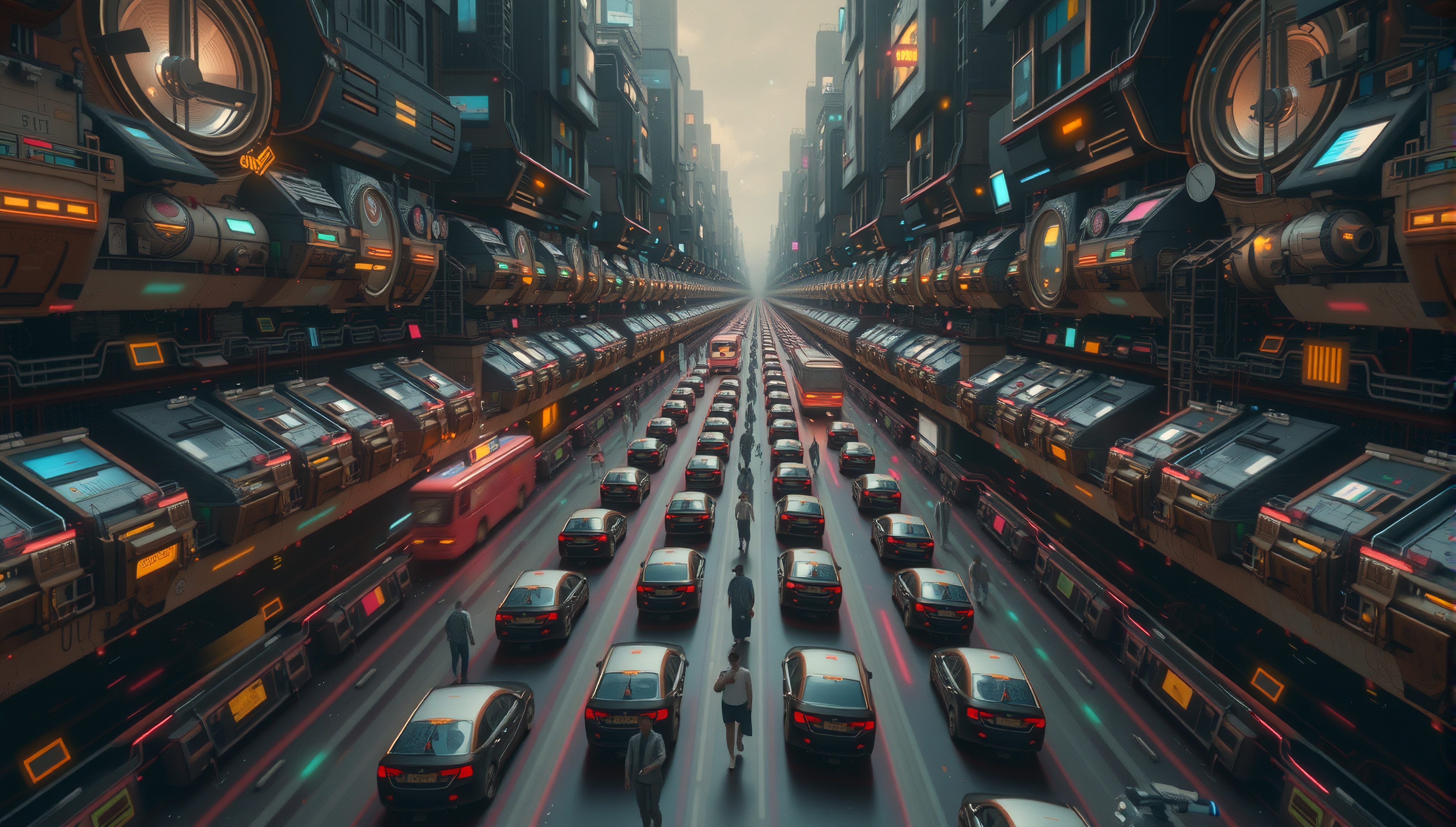 Futuristic sci-fi city street with self-driving cars and neon lighting