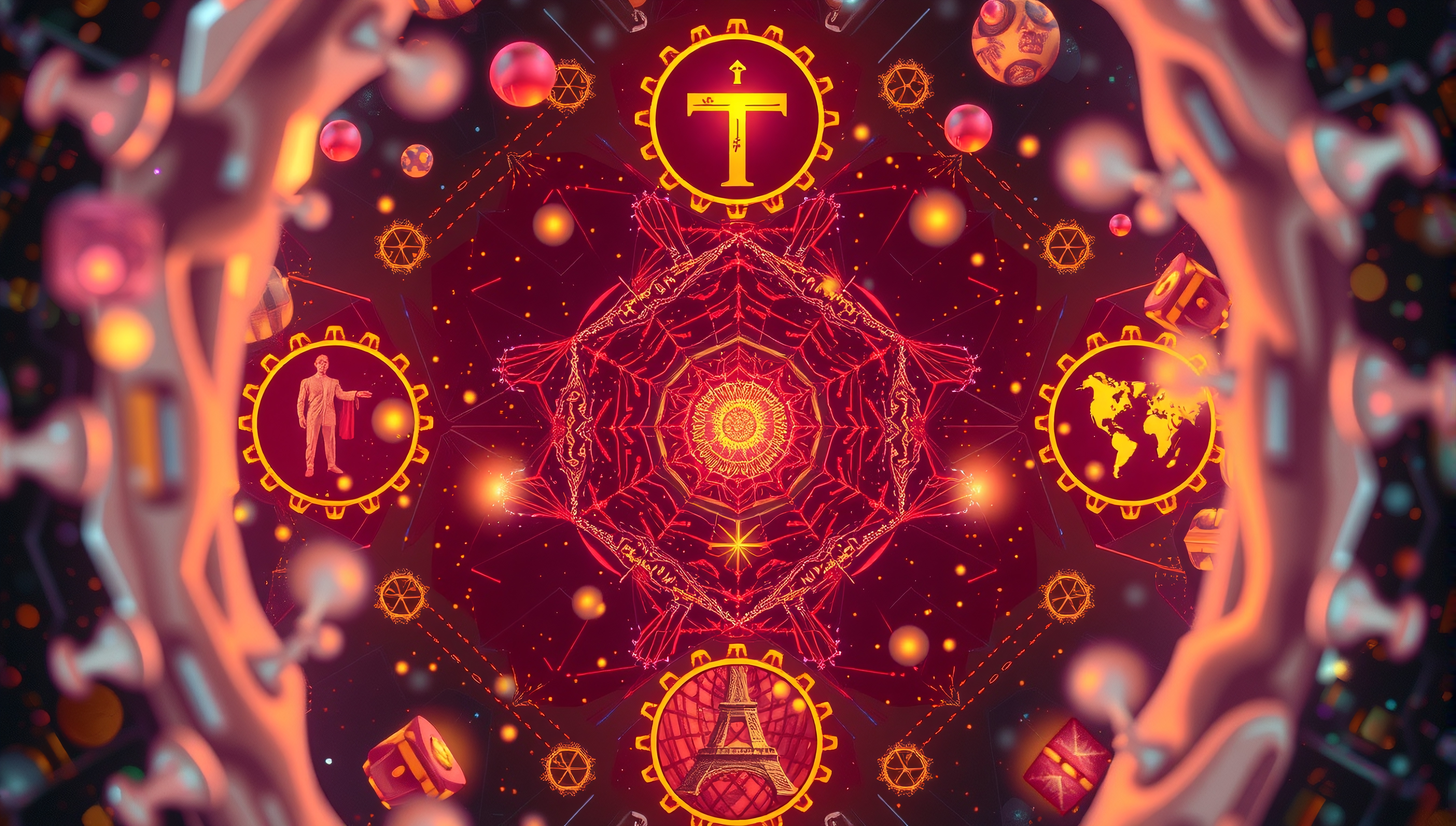 Abstract digital collage featuring global and technological symbols in vibrant colors showcasing interconnected elements.