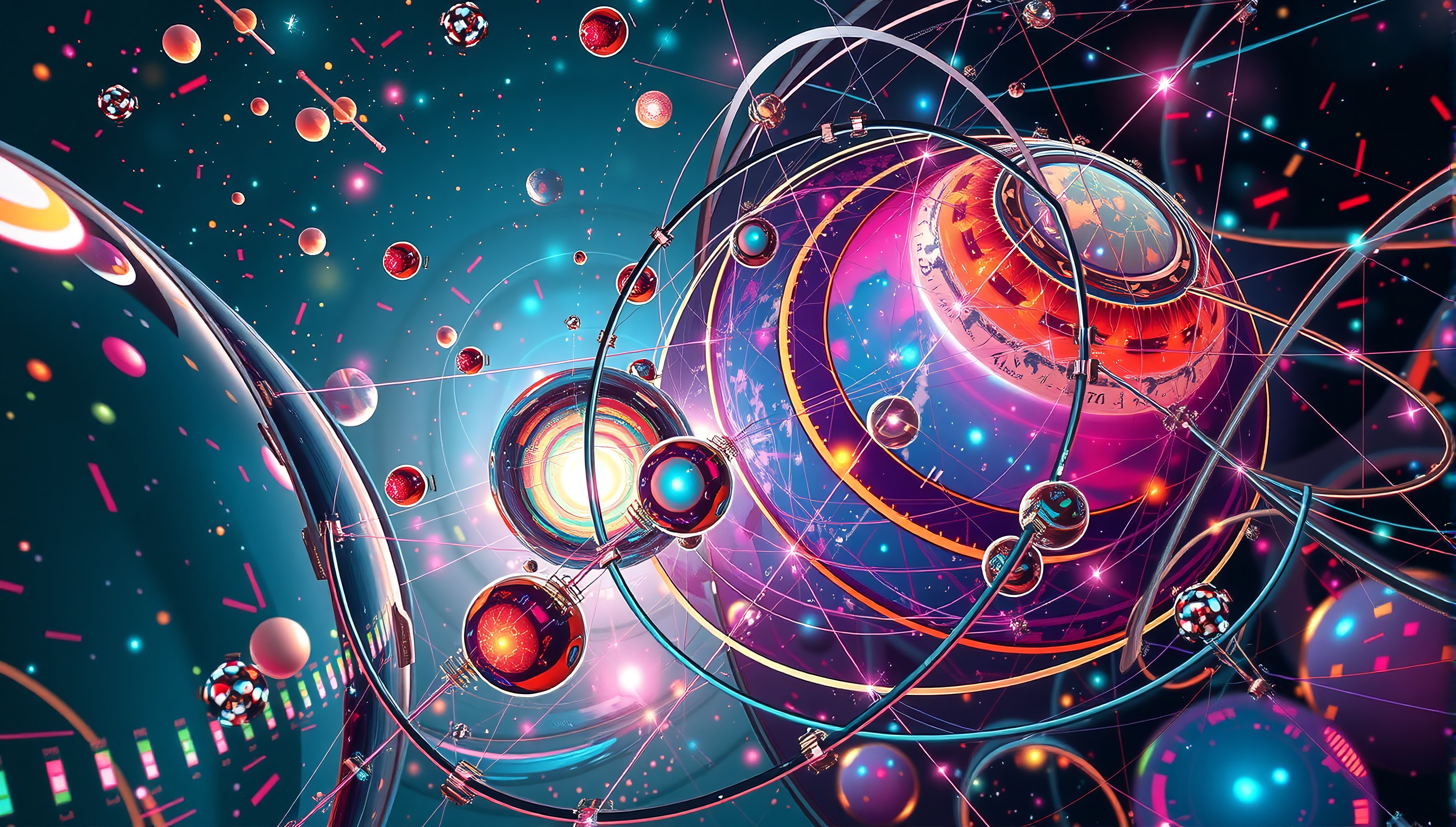 Futuristic cosmic scene with colorful swirling orbs.