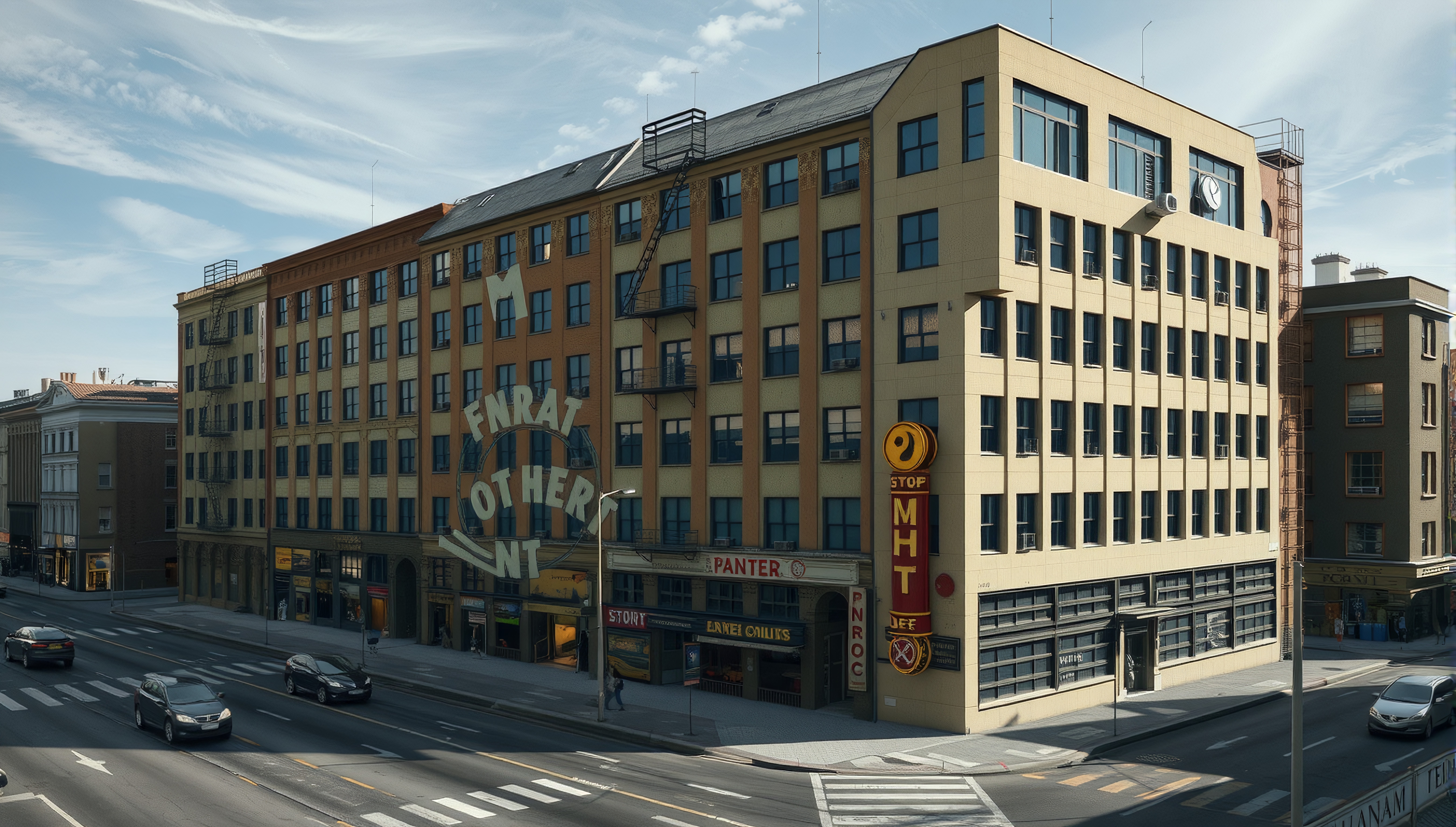 A bustling urban street corner with a historic six-story building and busy traffic.