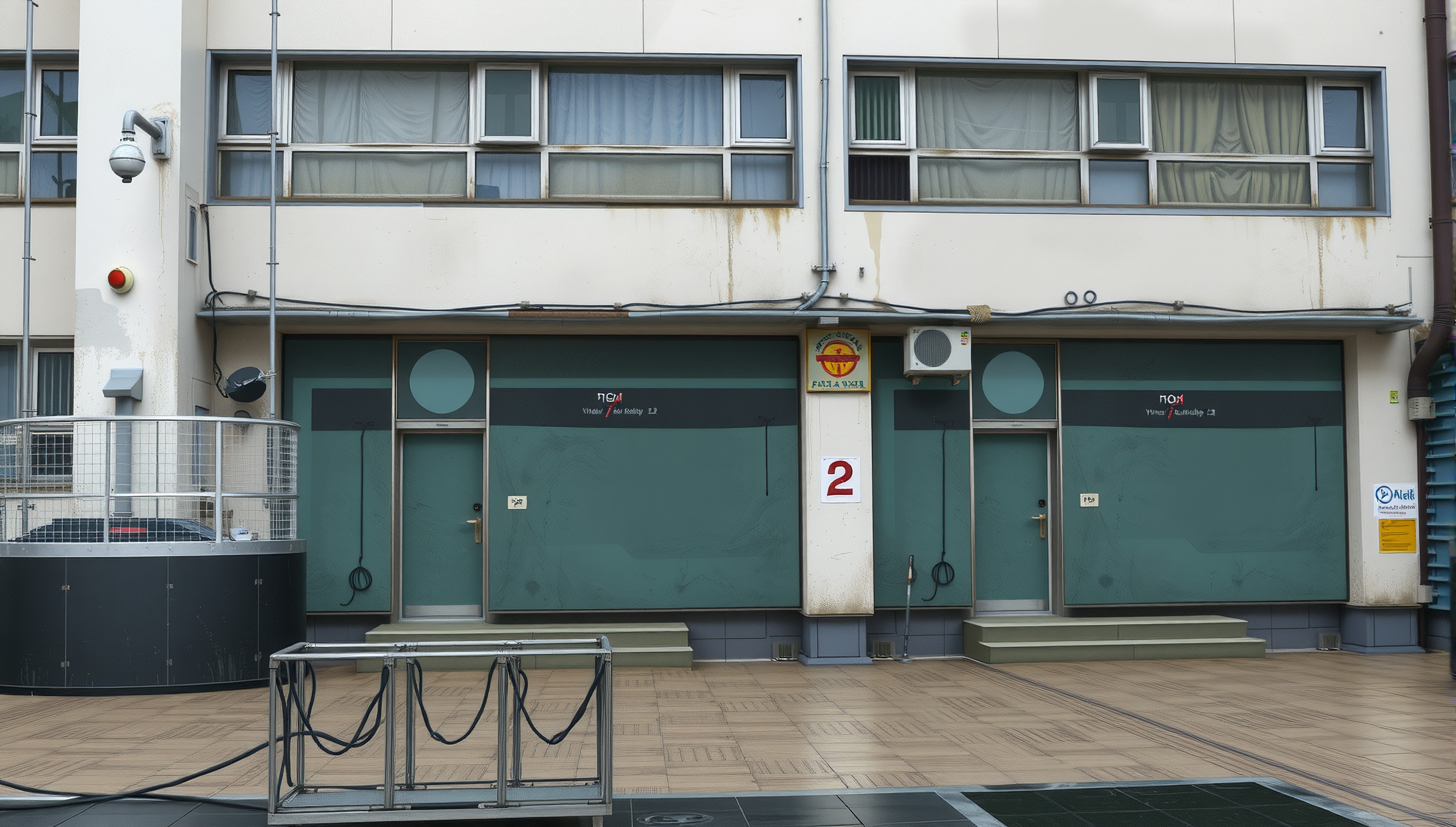 The urban building facade features teal doors, surveillance cameras, and weathered walls.