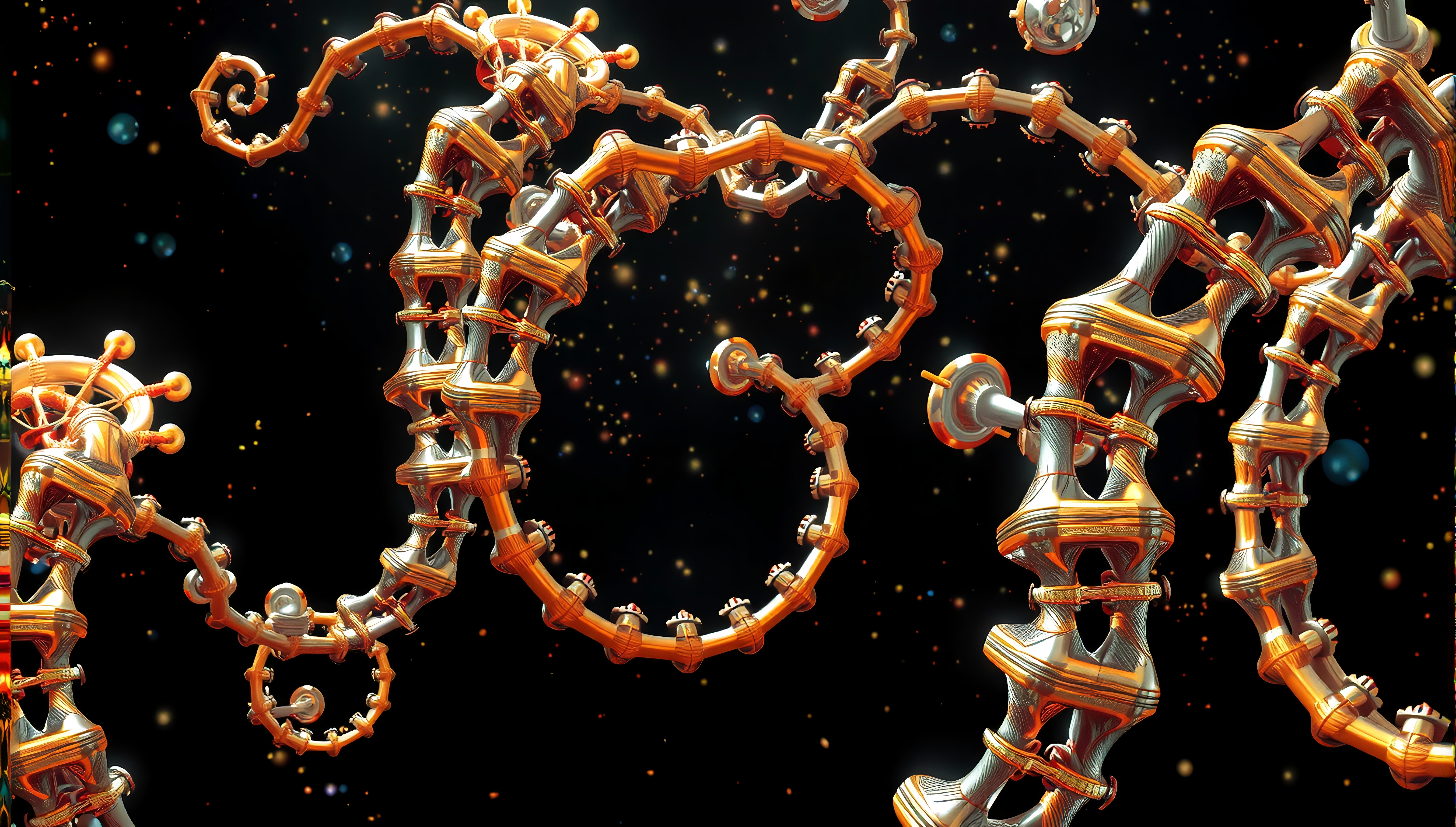 A complex 3D metallic spiral structure set against a starry space background.
