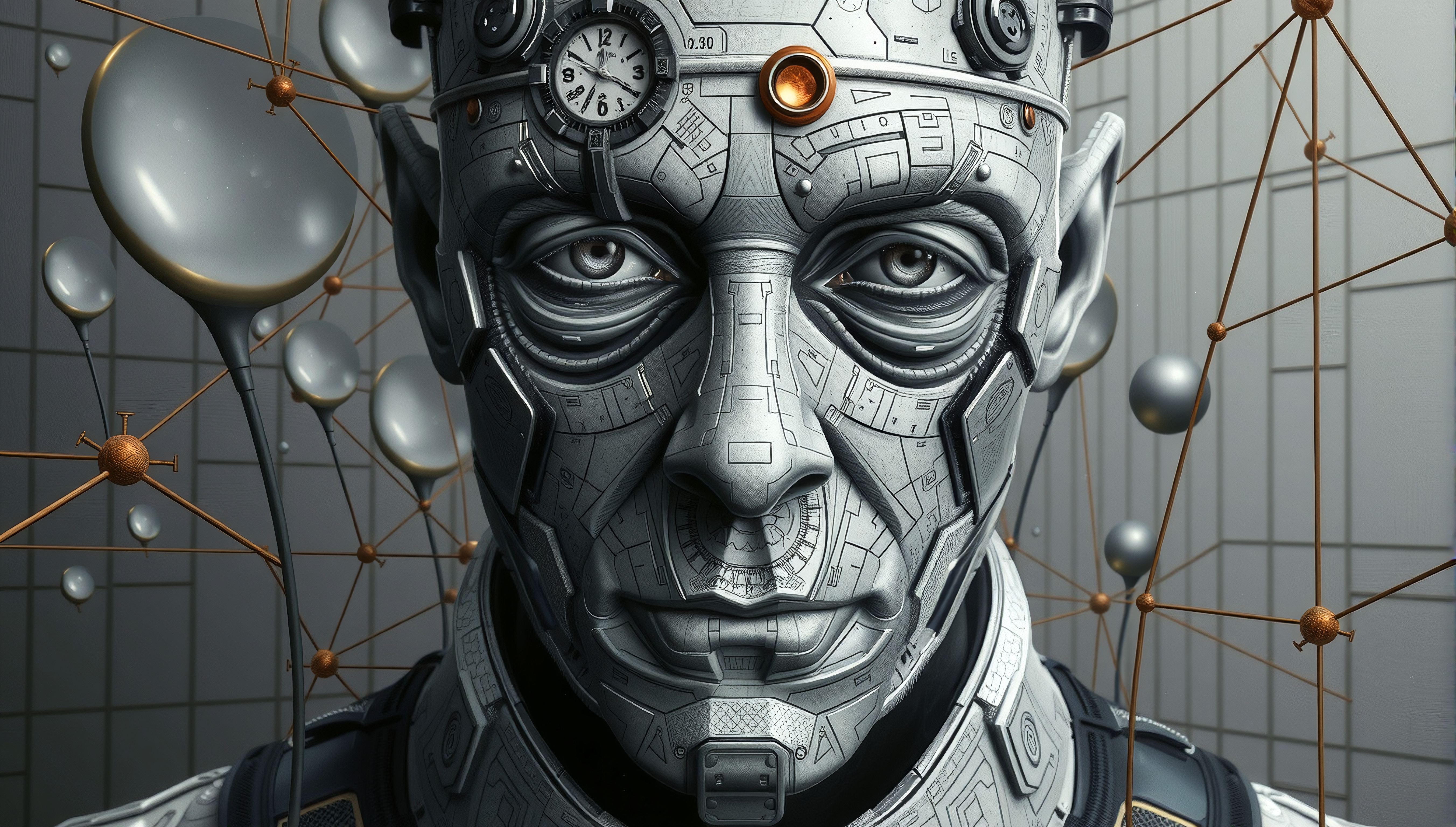 A futuristic humanoid robot with intricate metallic detailing, featuring a central clock and glowing element, set against a geometric backdrop.
