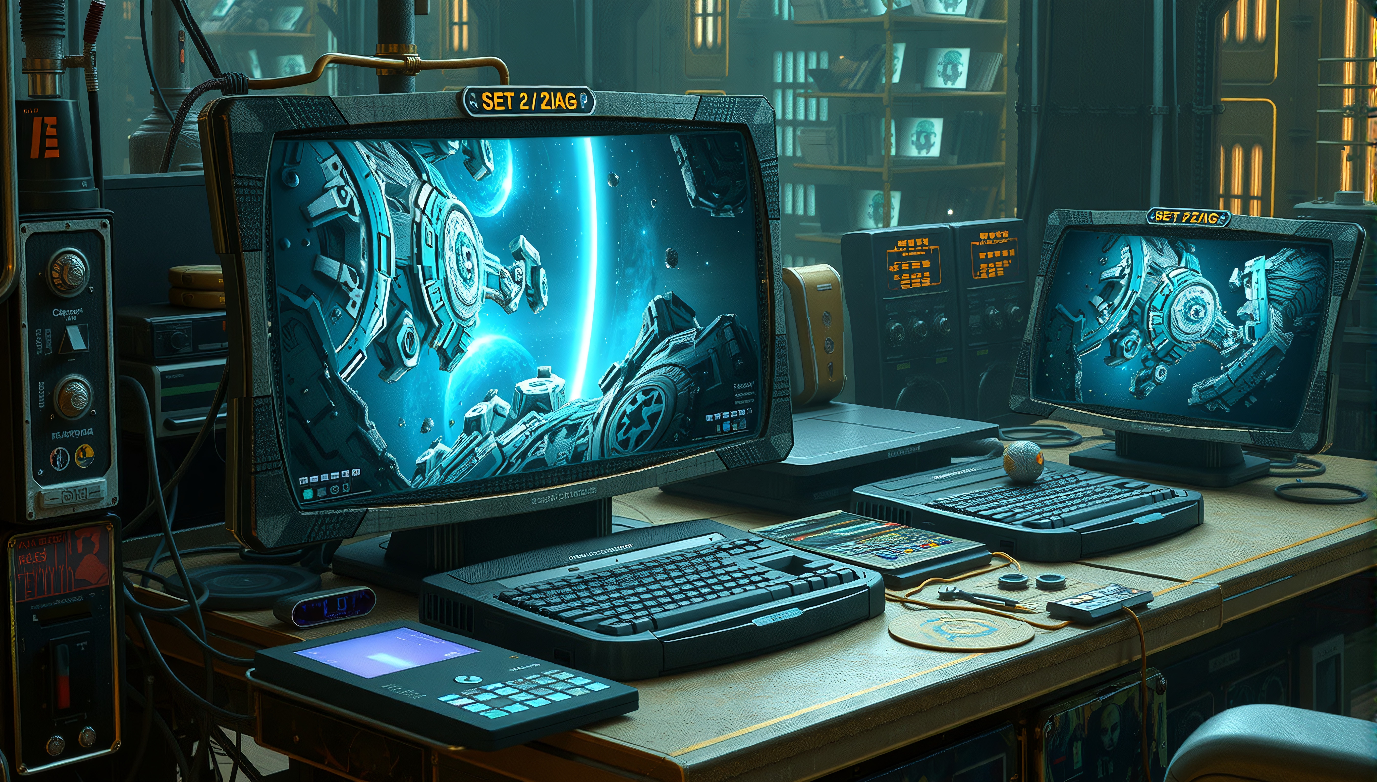 Futuristic sci-fi control center with vintage tech.