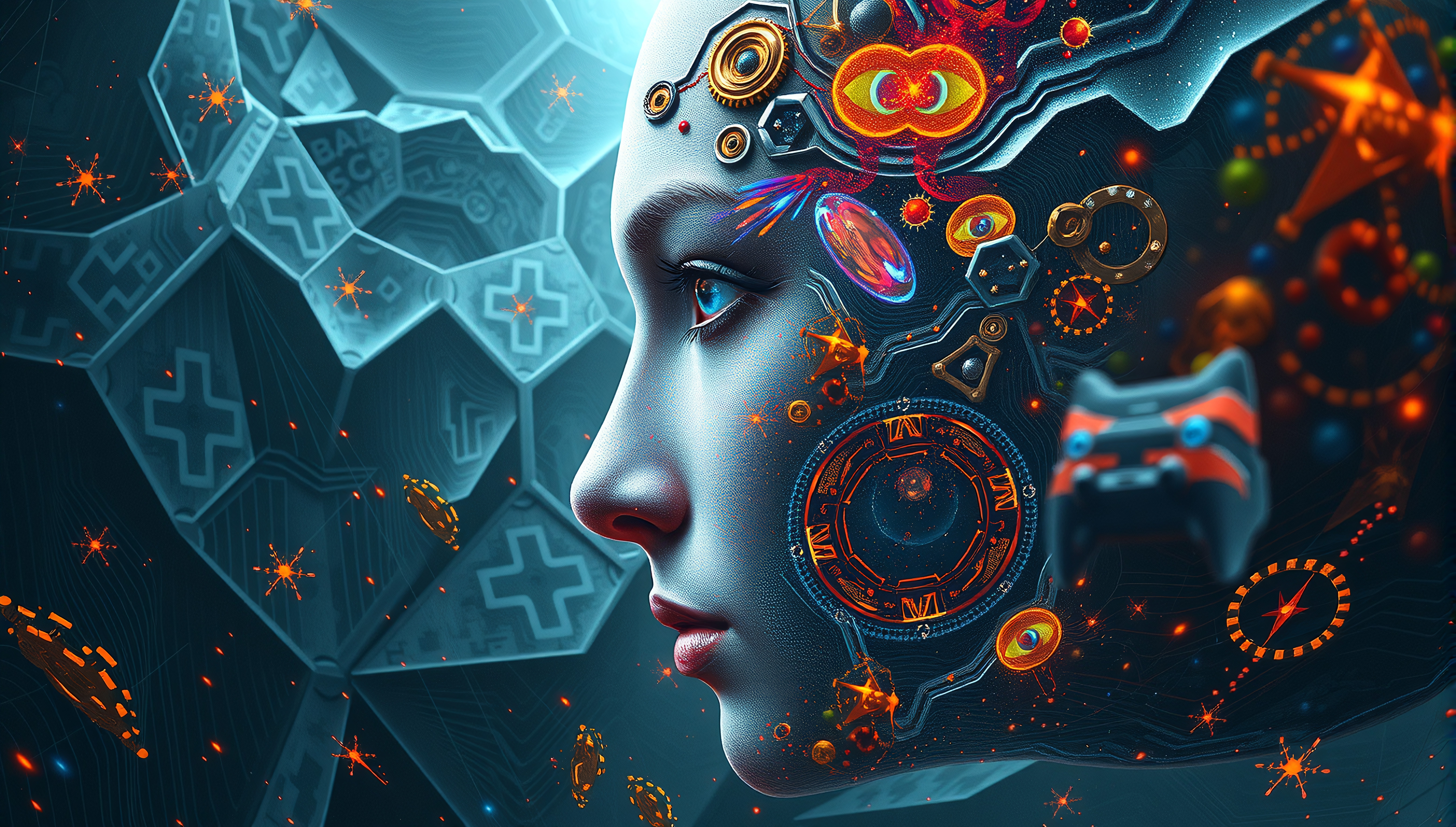 Futuristic image of human face with technological elements.
