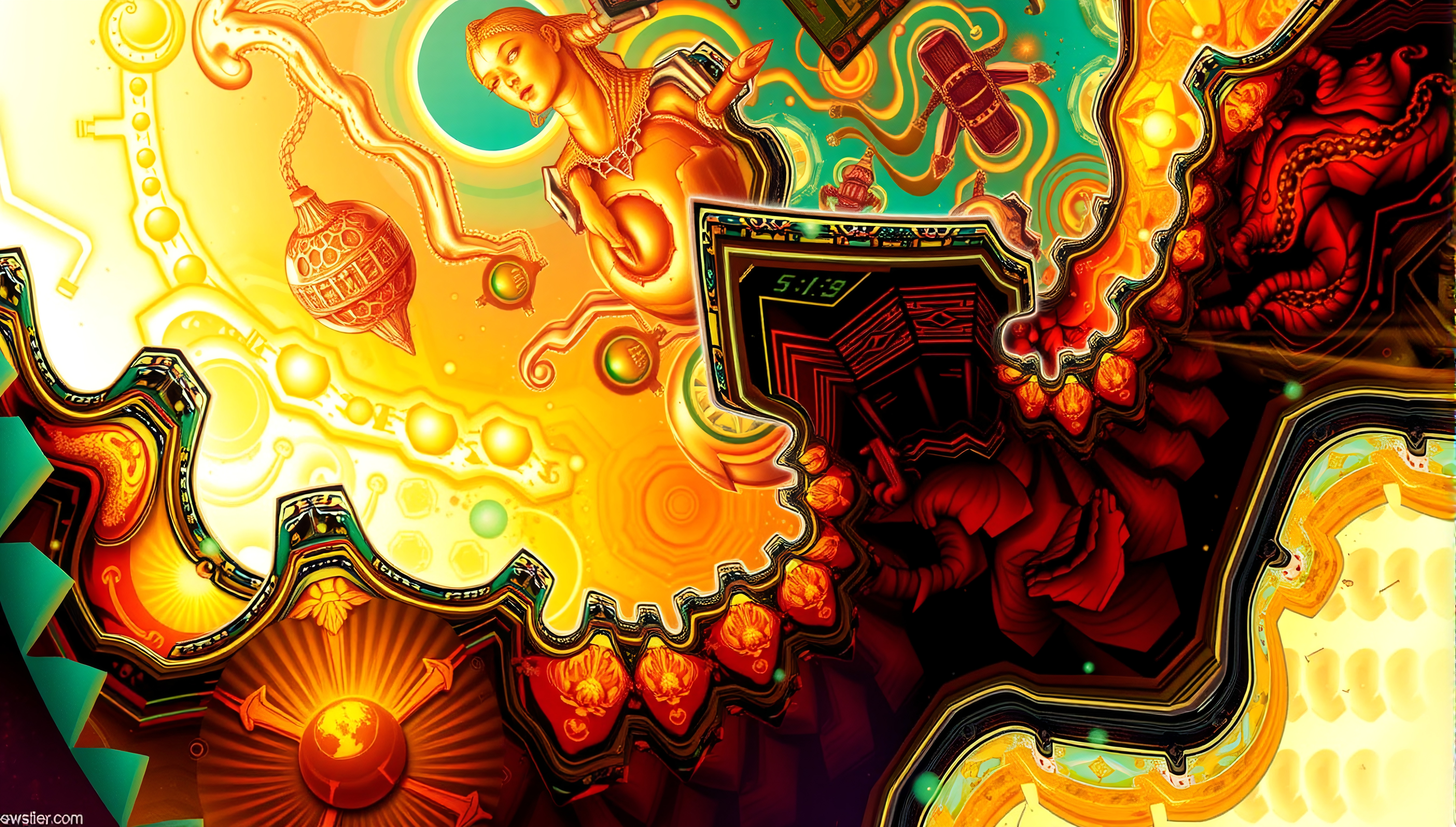 Surreal abstract artwork with vibrant colors, depicting a blend of organic and mechanical elements in a fantasy world.