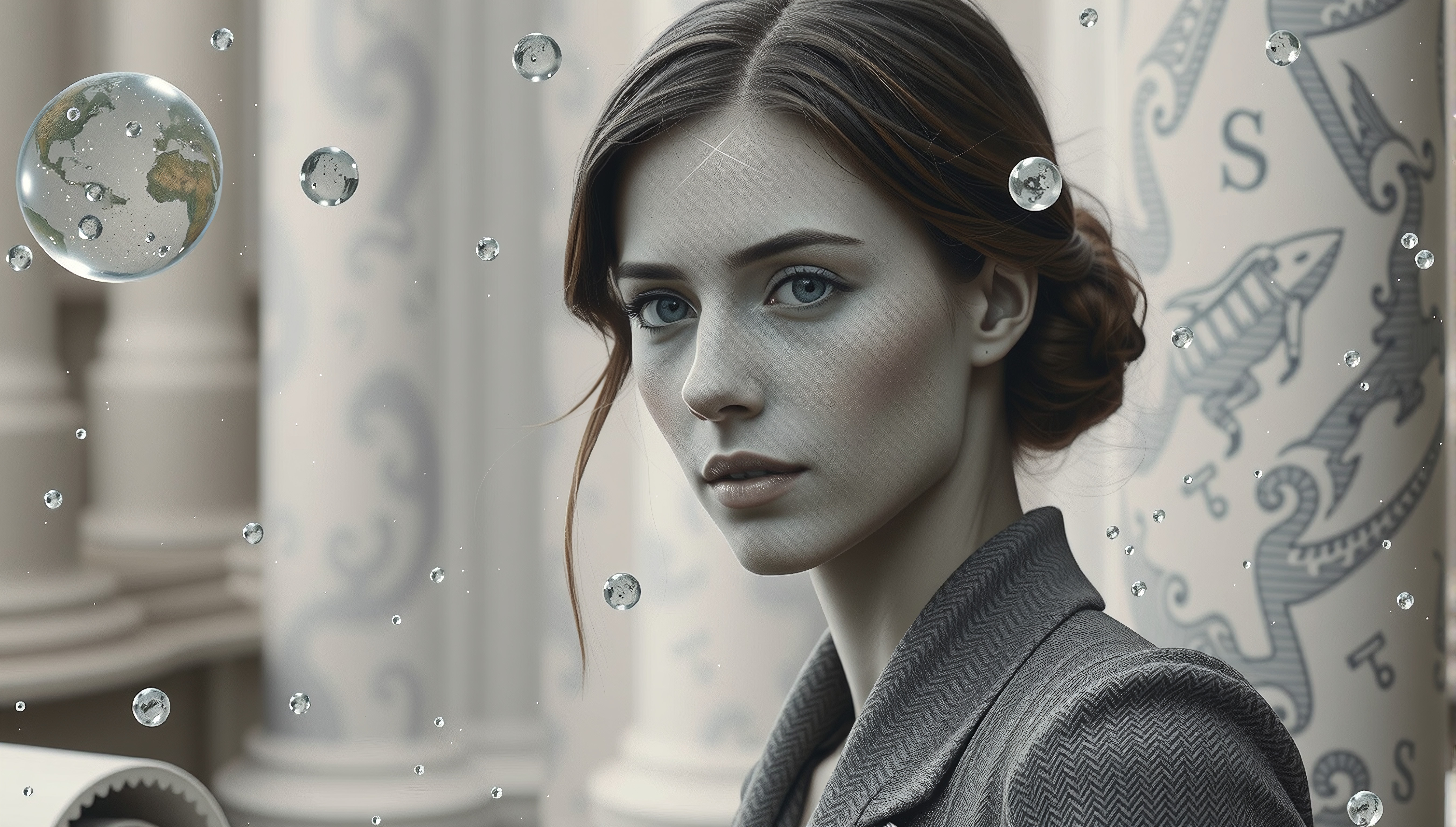 Portrait of a woman surrounded by floating bubbles and ornate columns.
