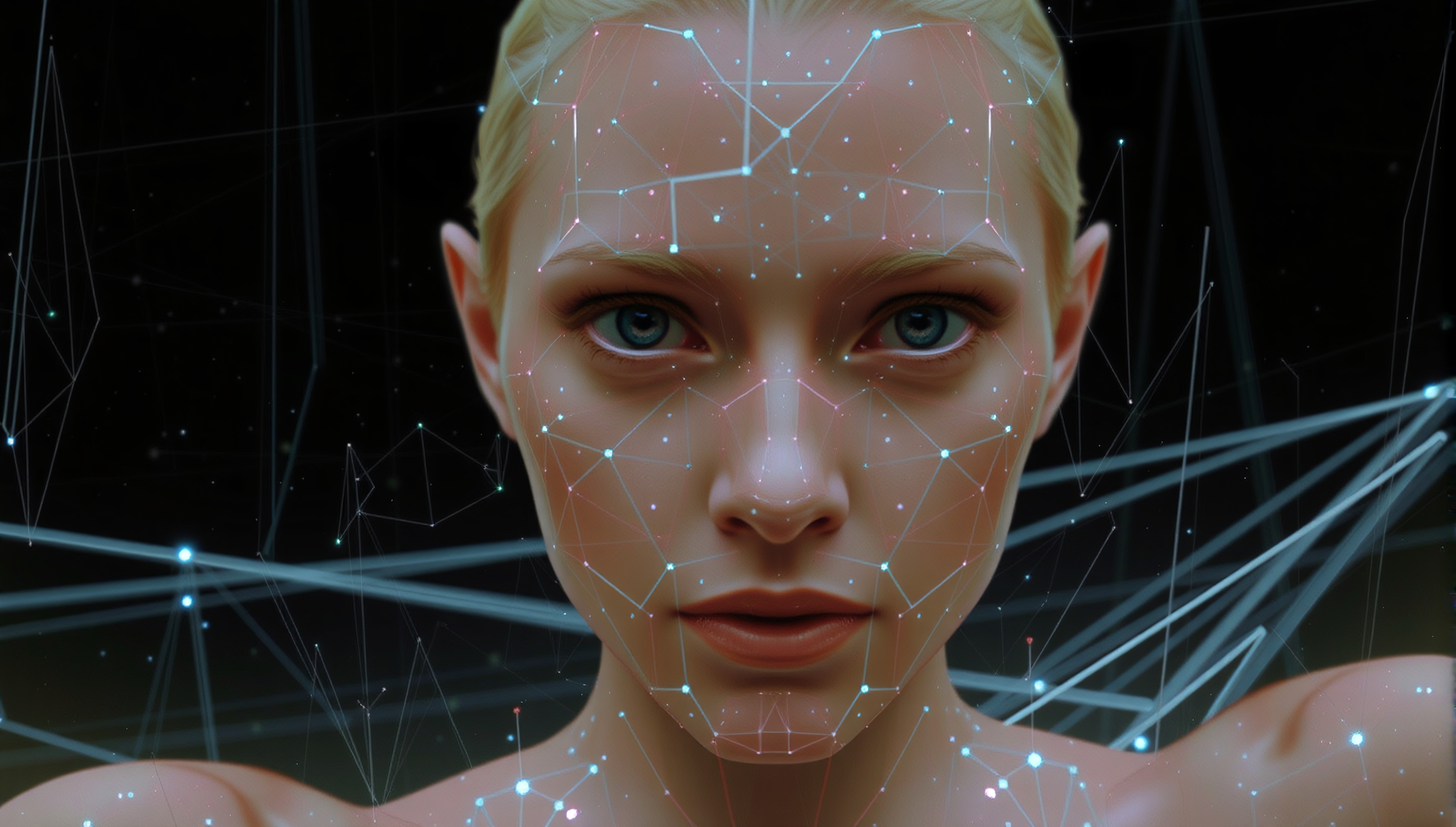 A digital face with glowing geometric patterns and an intense gaze in a dark, futuristic setting.