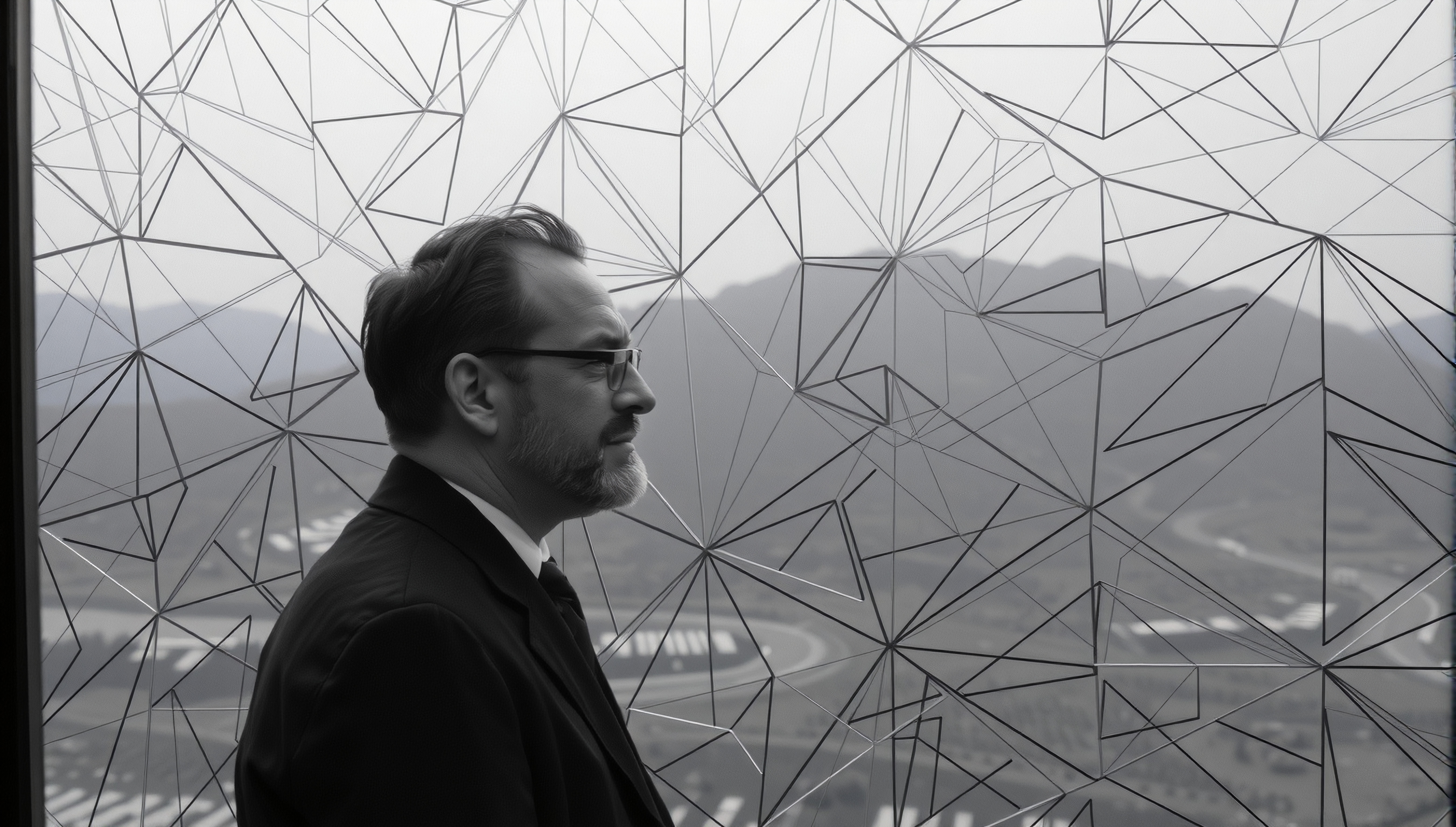 A man in a suit looks through a geometric-patterned window at mountains.