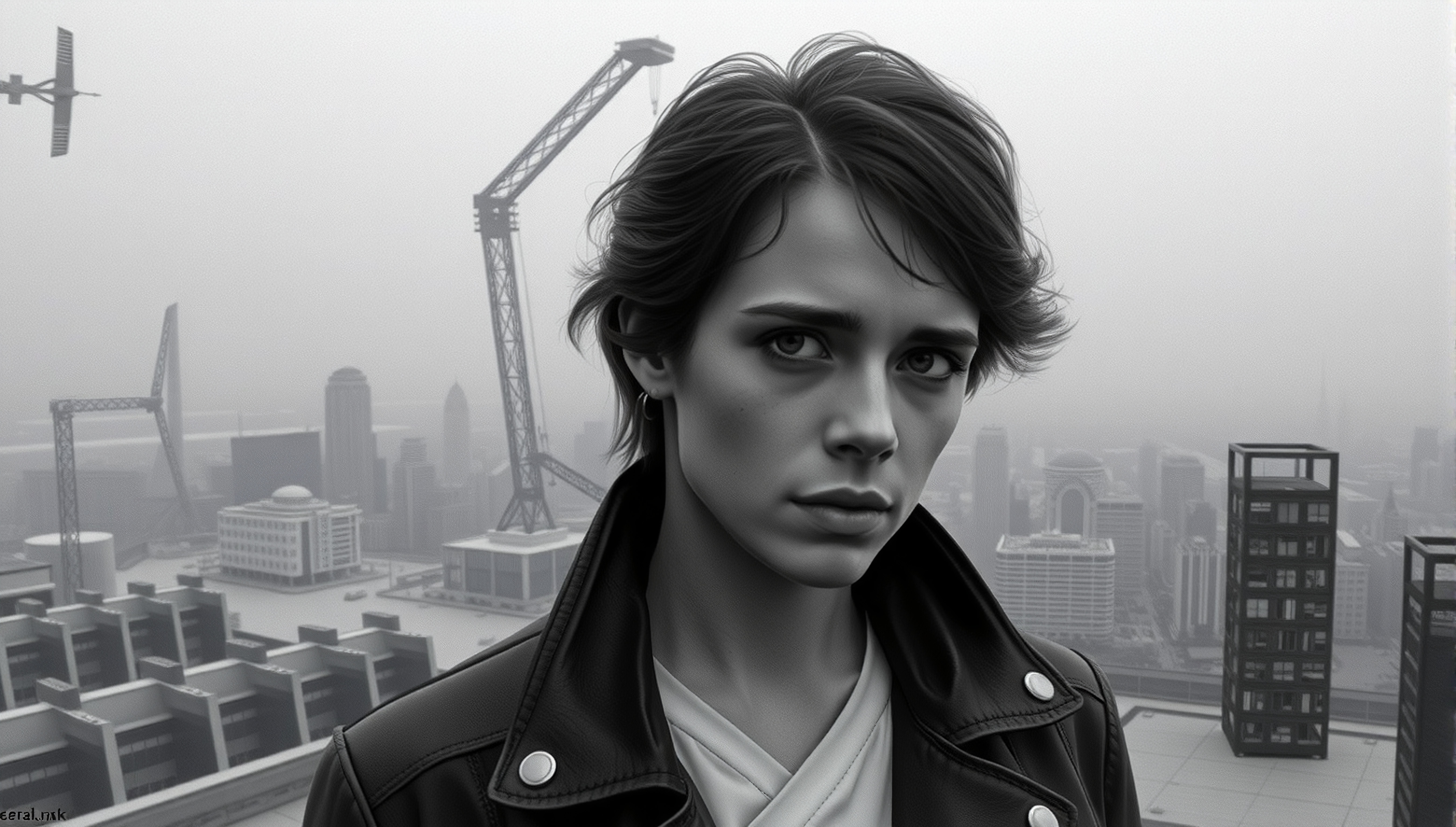A thoughtful person stands on a foggy rooftop overlooking a futuristic cityscape with cranes and technology.