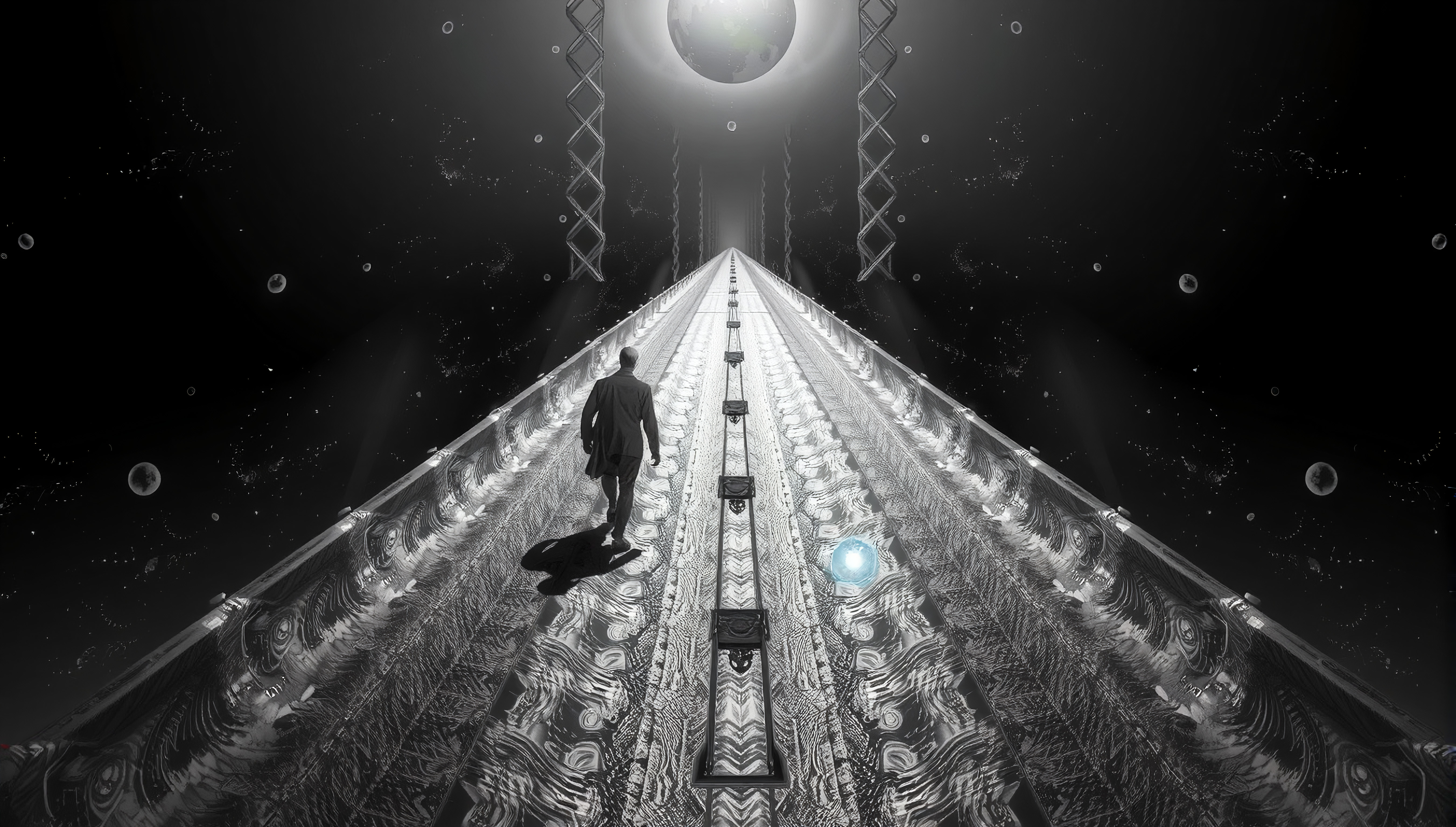 Lone Figure Walking Down an Infinite Railroad Track Under a Moon