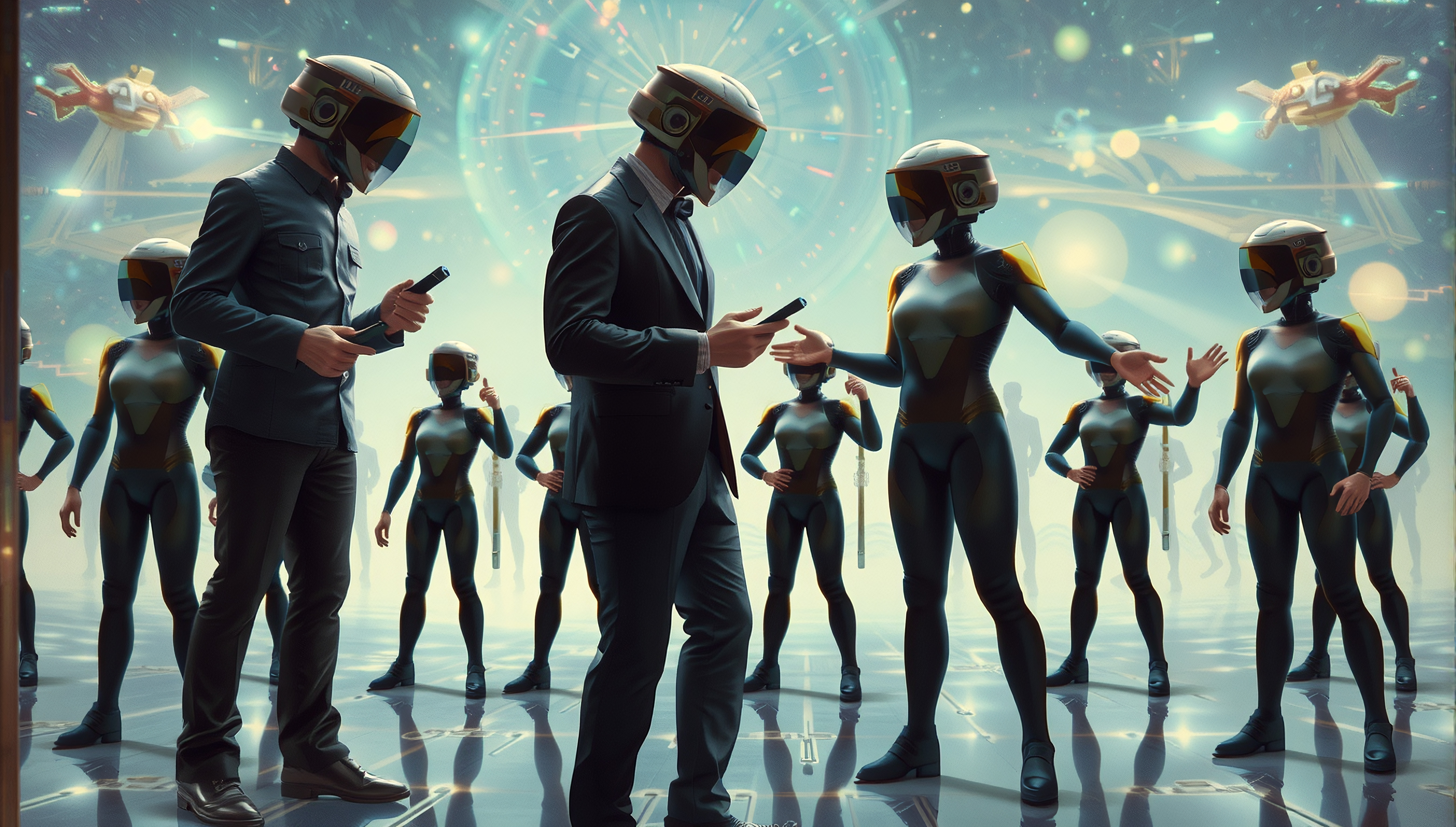 Sci-fi humans interacting with robotic attendants in holographic cityscape
