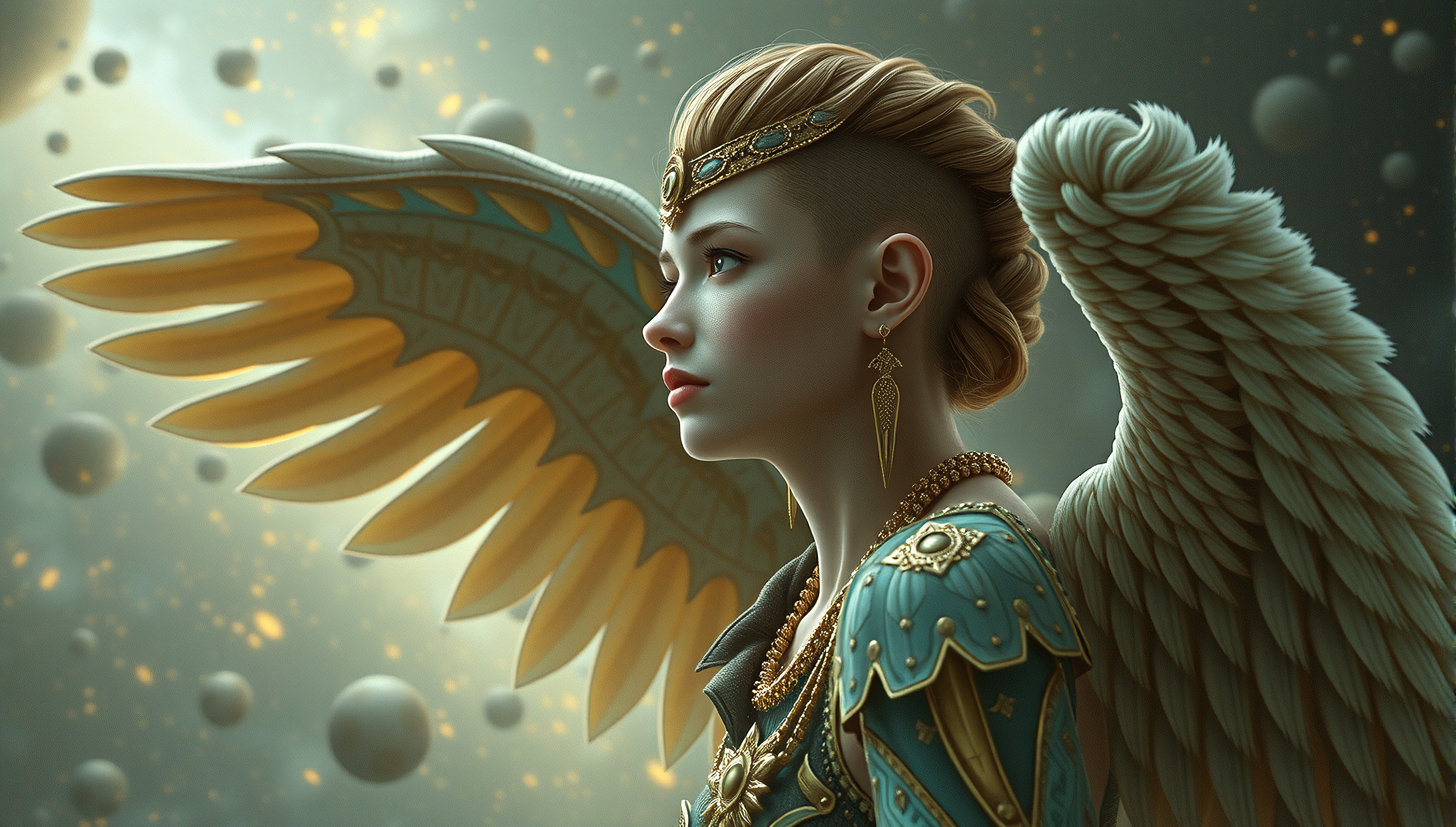 A majestic female figure with wings, wearing ornate armor, gazes forward in a mystical celestial setting.