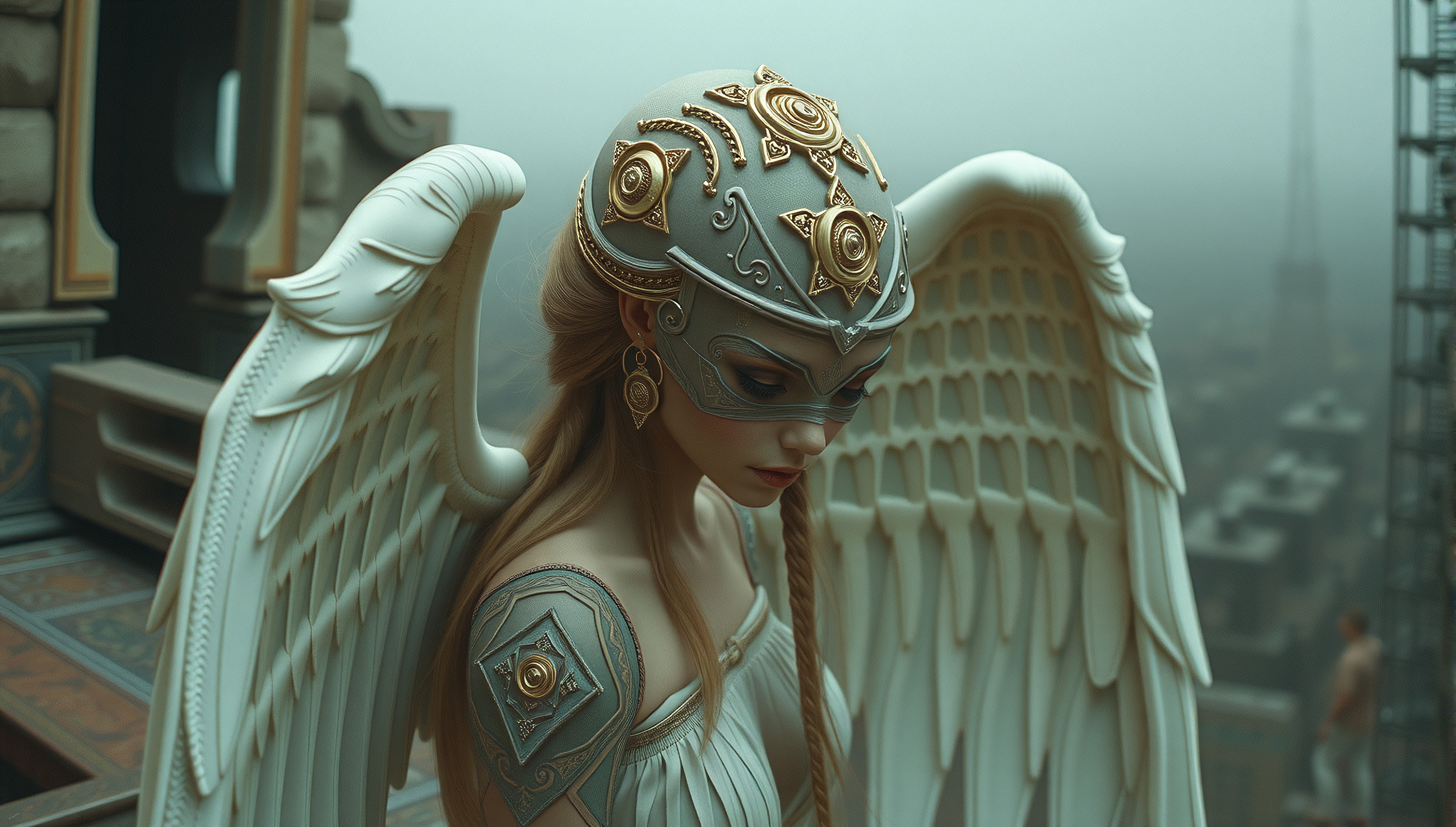 A mythical winged warrior with intricate golden armor and serene expression in a misty cityscape.
