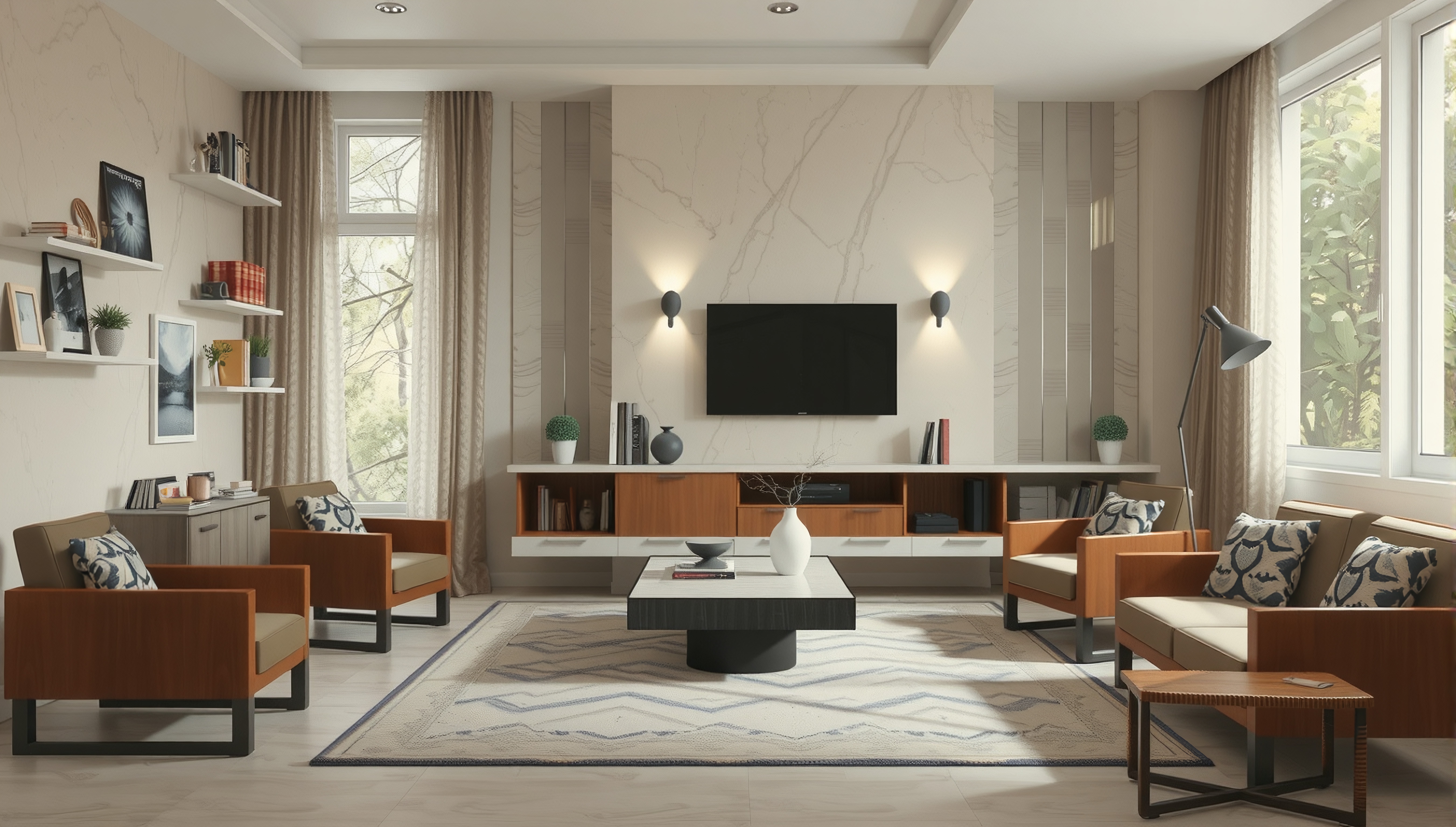 A modern living room with elegant design elements, featuring contemporary furniture, a central table, and natural light.