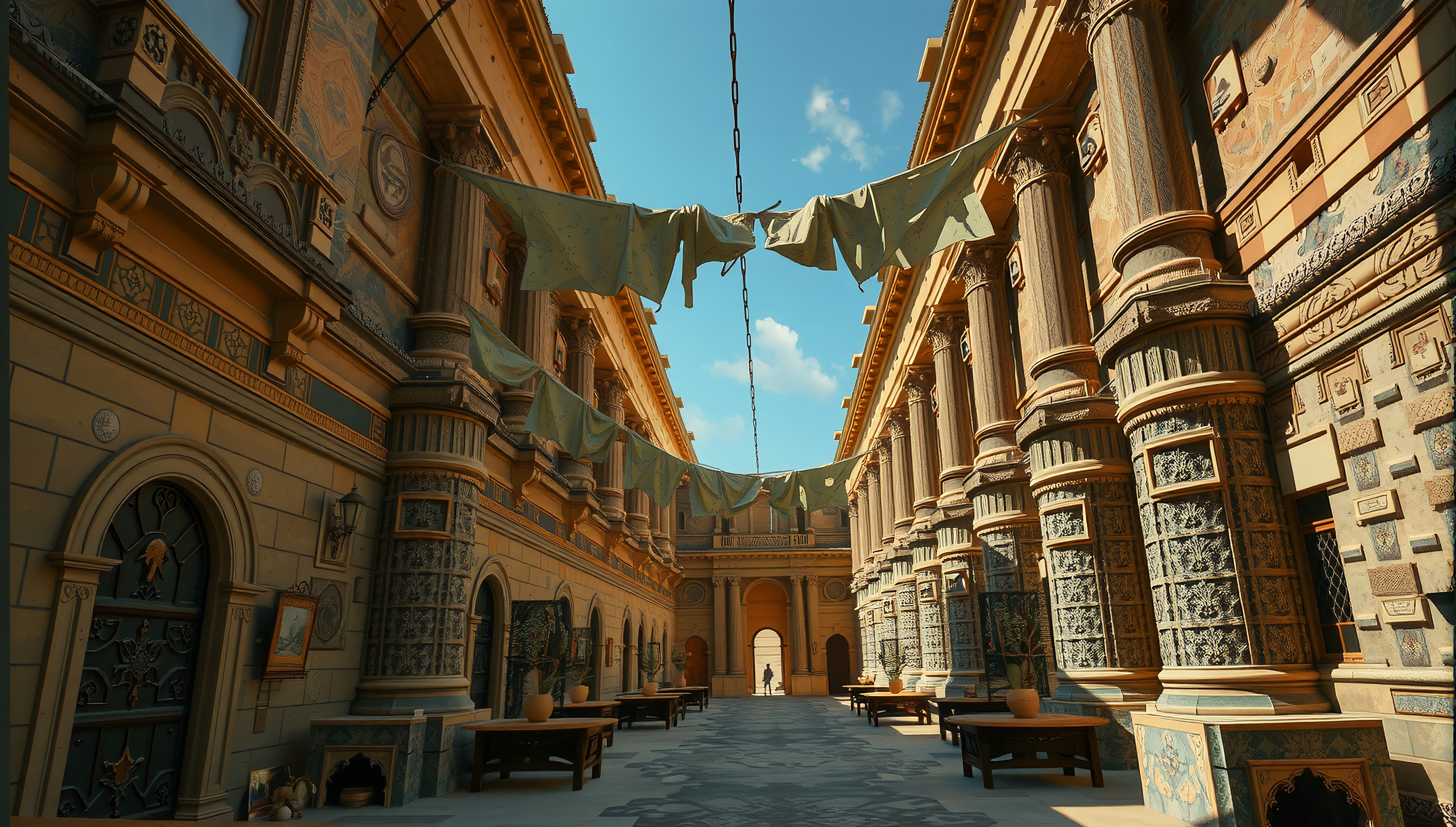 Opulent classical architecture with ornate columns and fabric banners under a blue sky.
