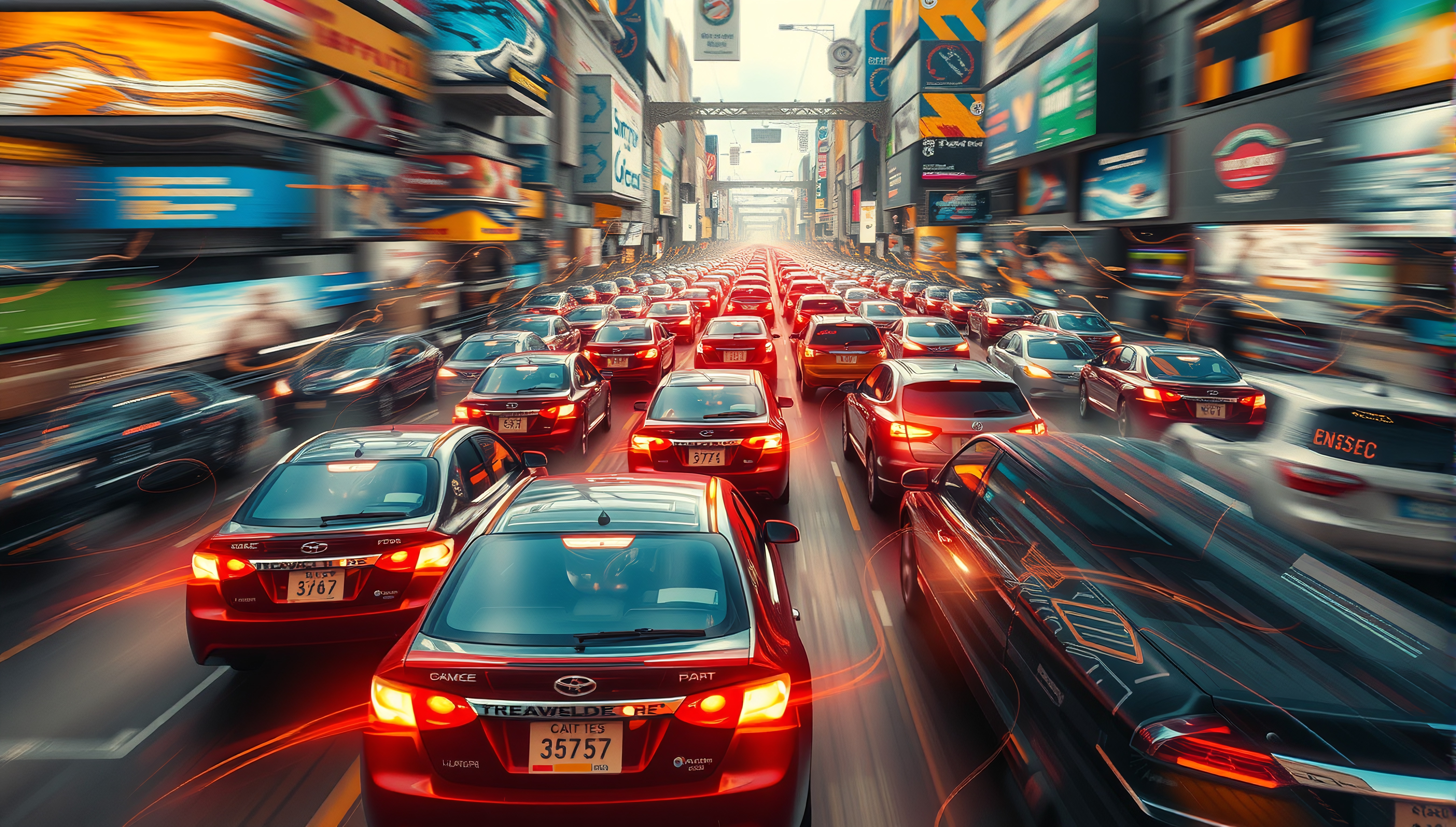 Image of heavy traffic on a busy city street surrounded by colorful billboards and lights.