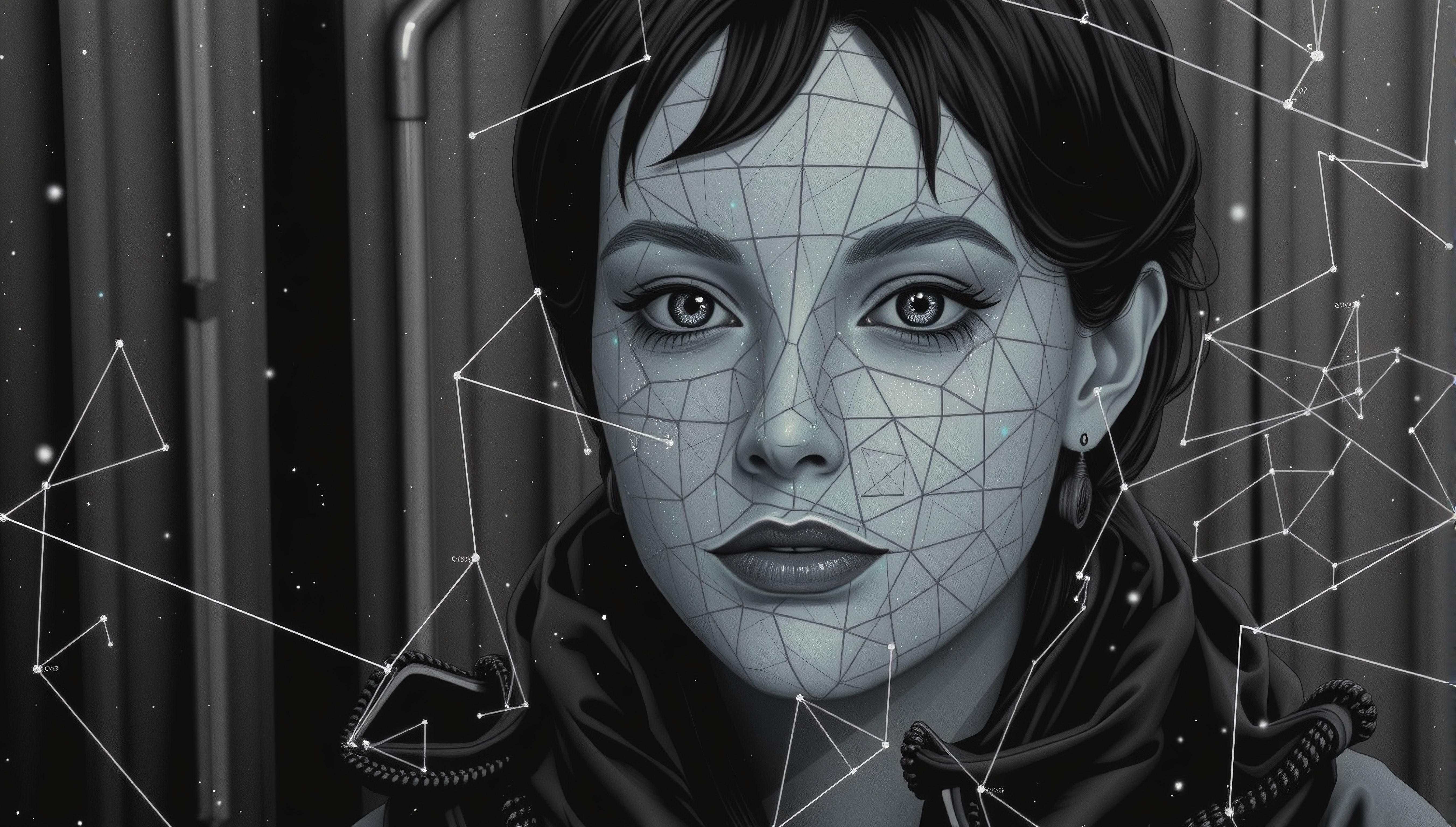 Digital art portrait of a woman with geometric facial patterns and cosmic elements.