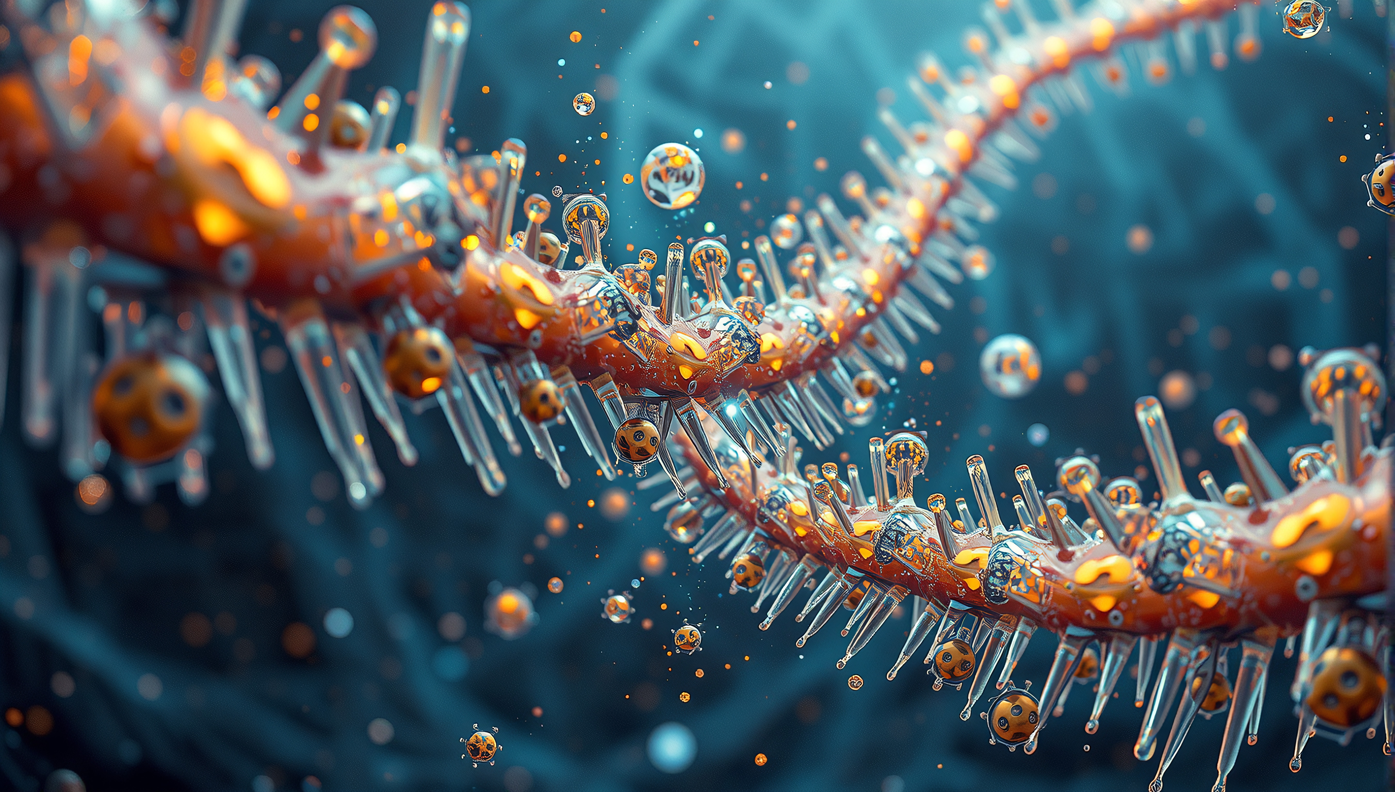 Intricate microscopic structures with vibrant orange and blue elements, depicting a scientific abstract scene.