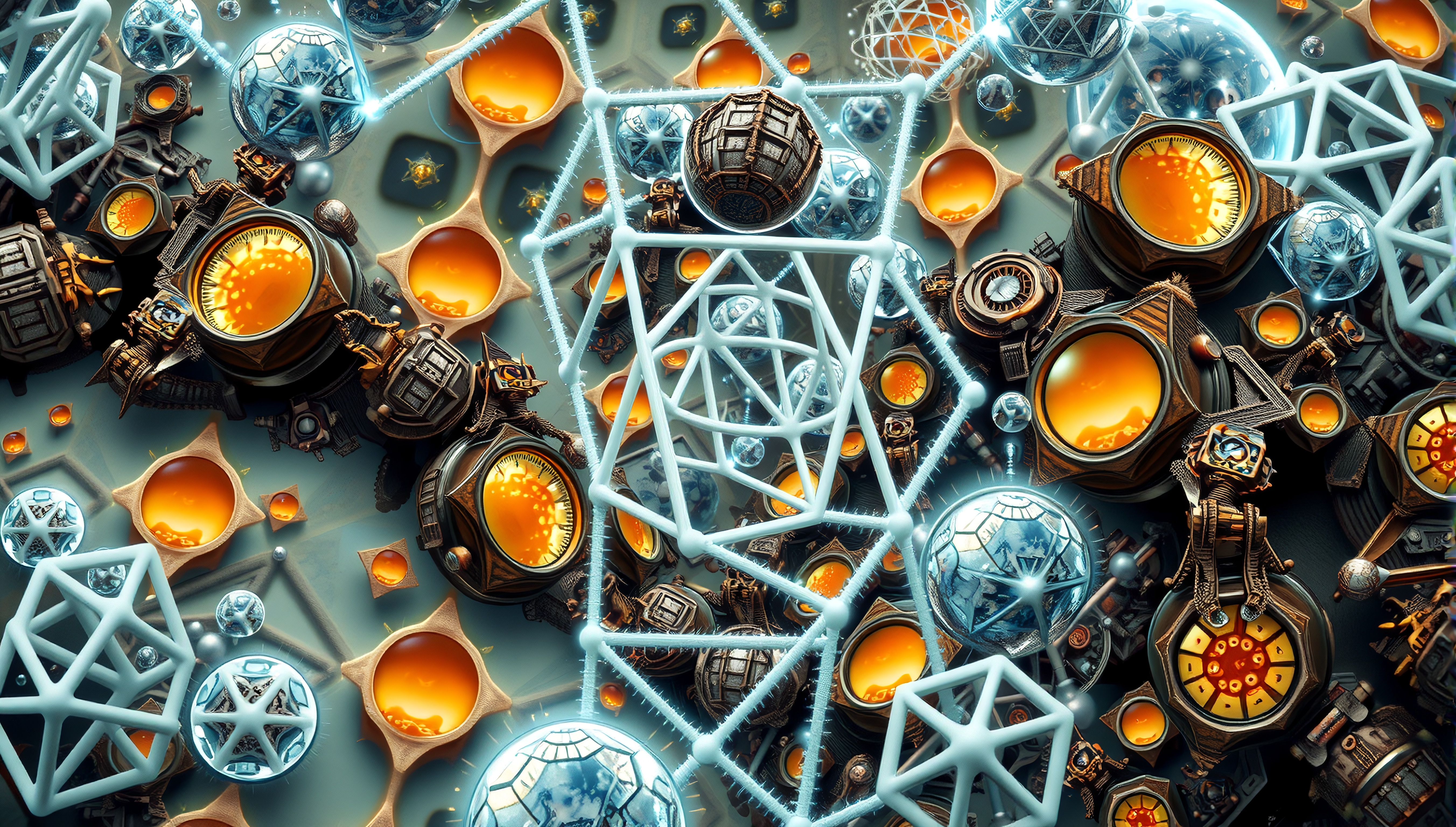 Detailed image of futuristic, complex geometric structures glowing with energy cores.