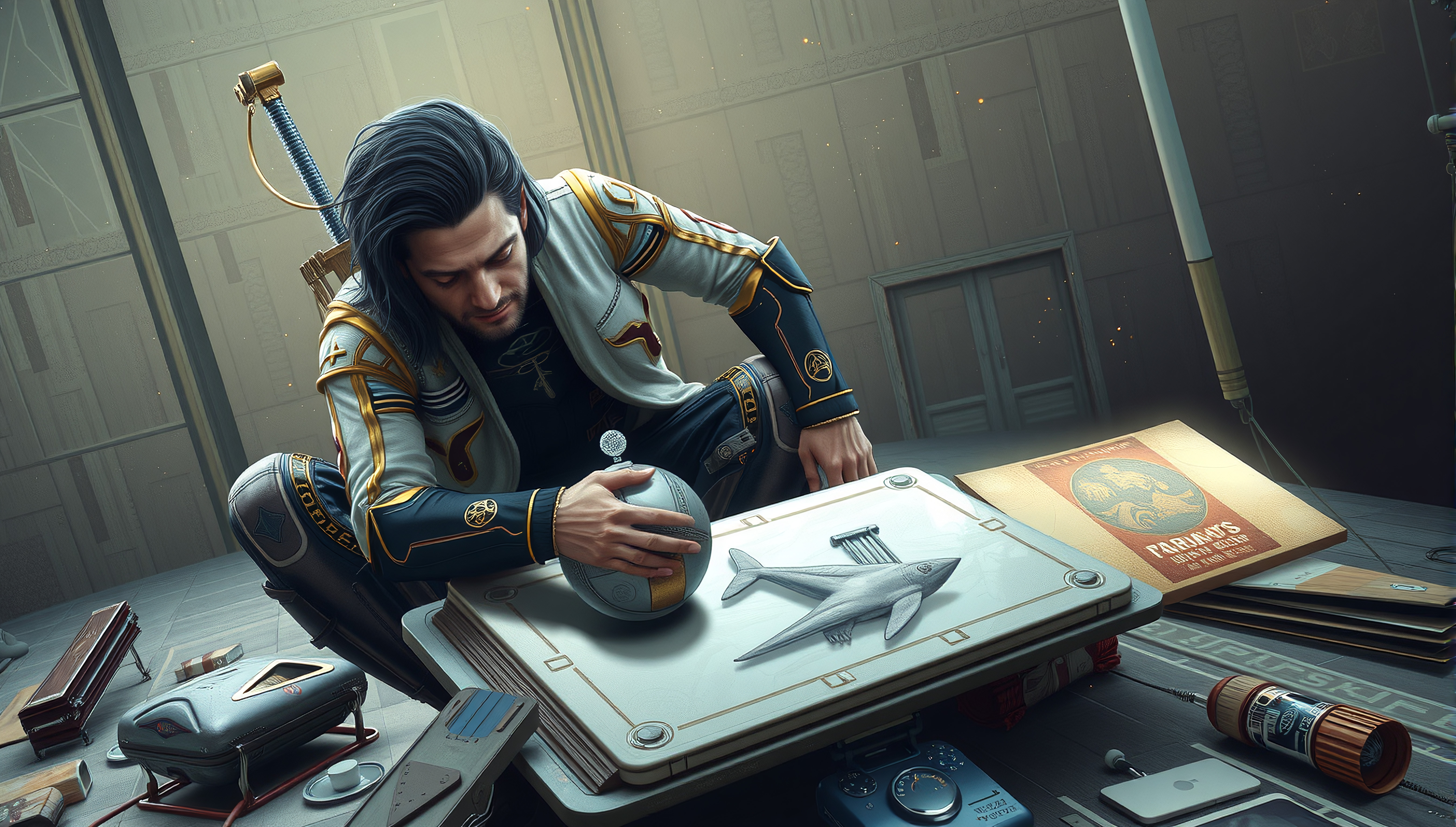 Futuristic Scholar in Study with Aircraft Book and Tech