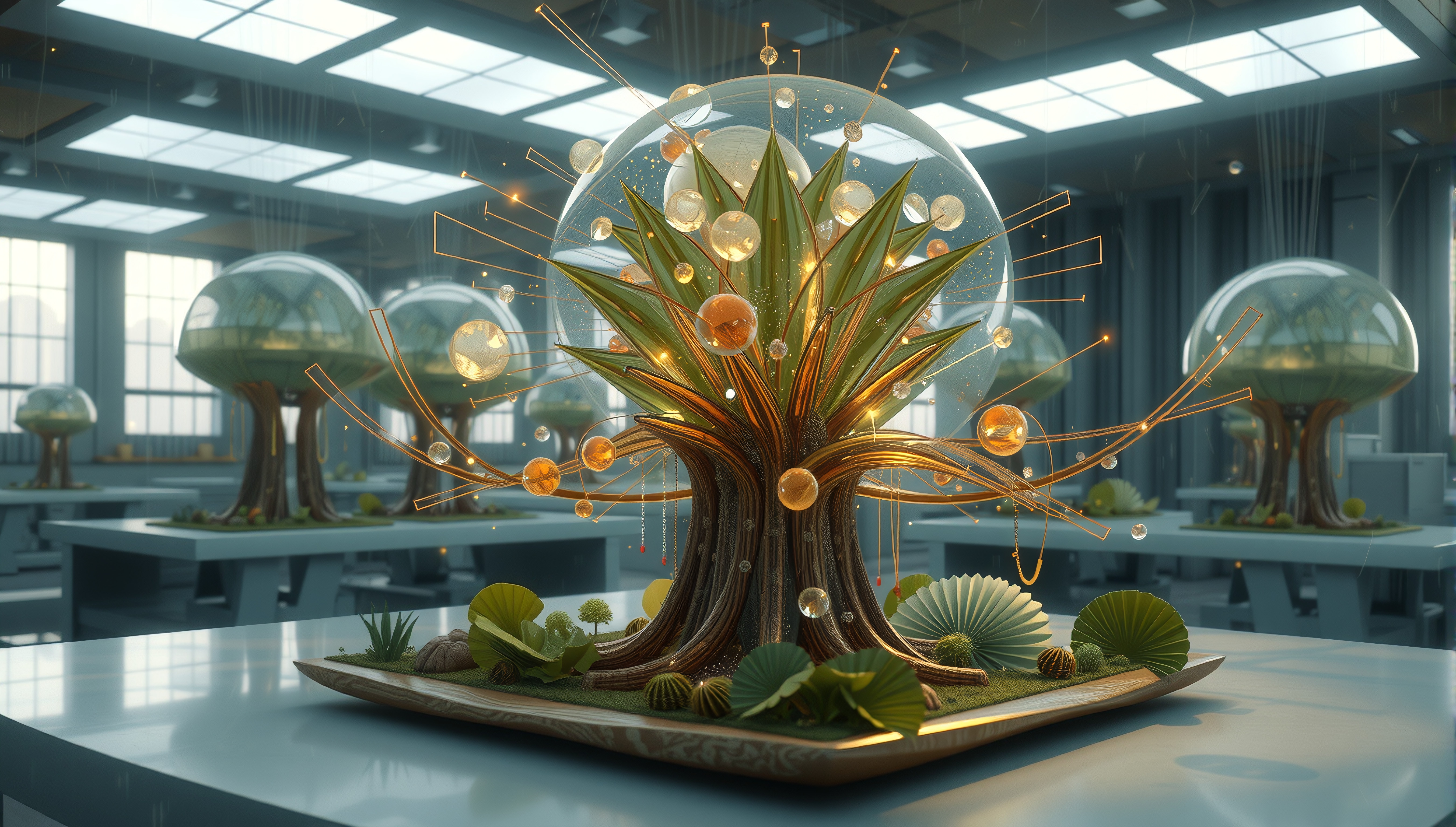 A futuristic botanical laboratory with glowing spheres under a glass dome in a modern setting.