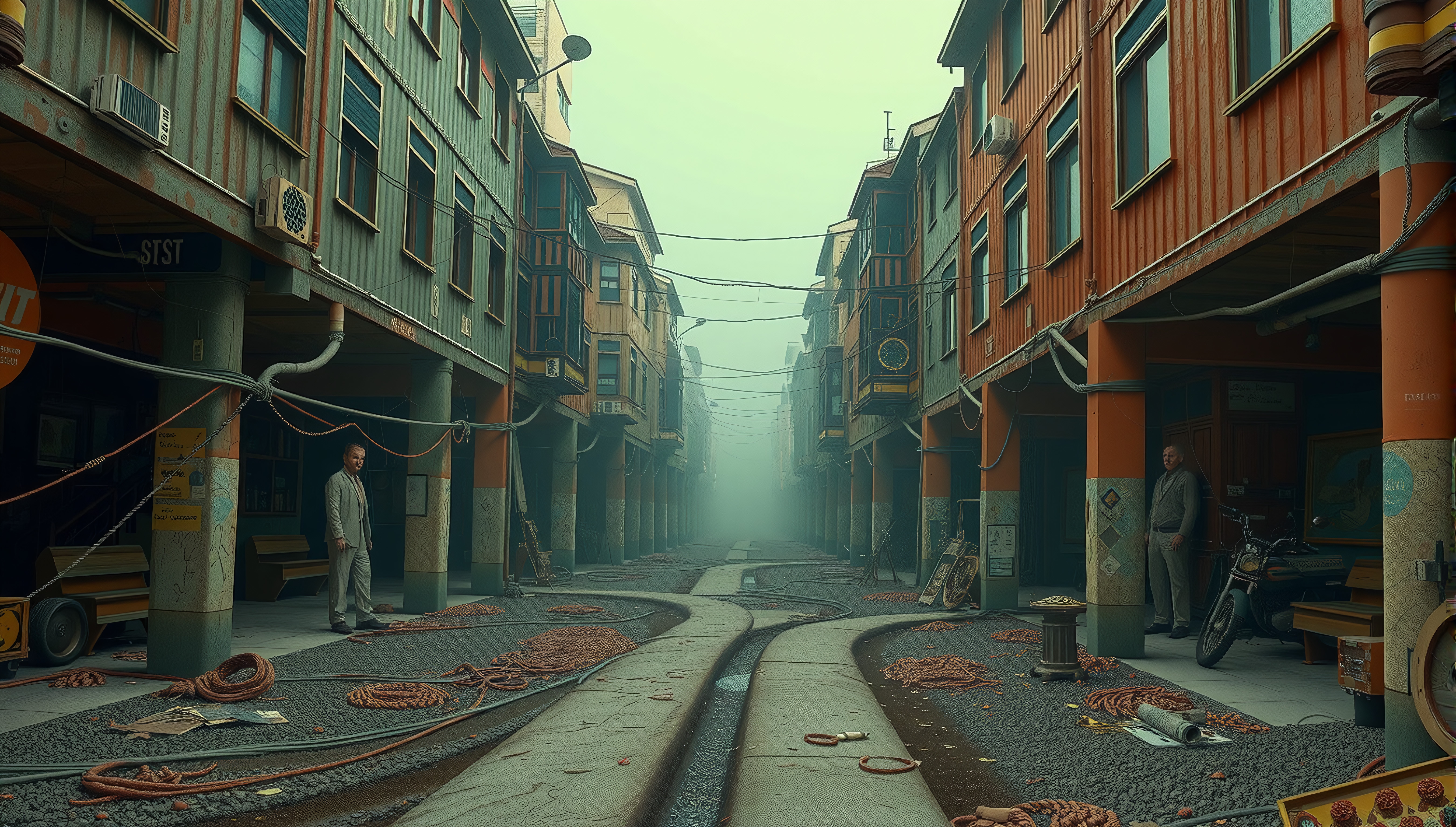 Eerie urban alleyway with fog-covered street, scattered debris, and orange buildings in a dystopian setting.