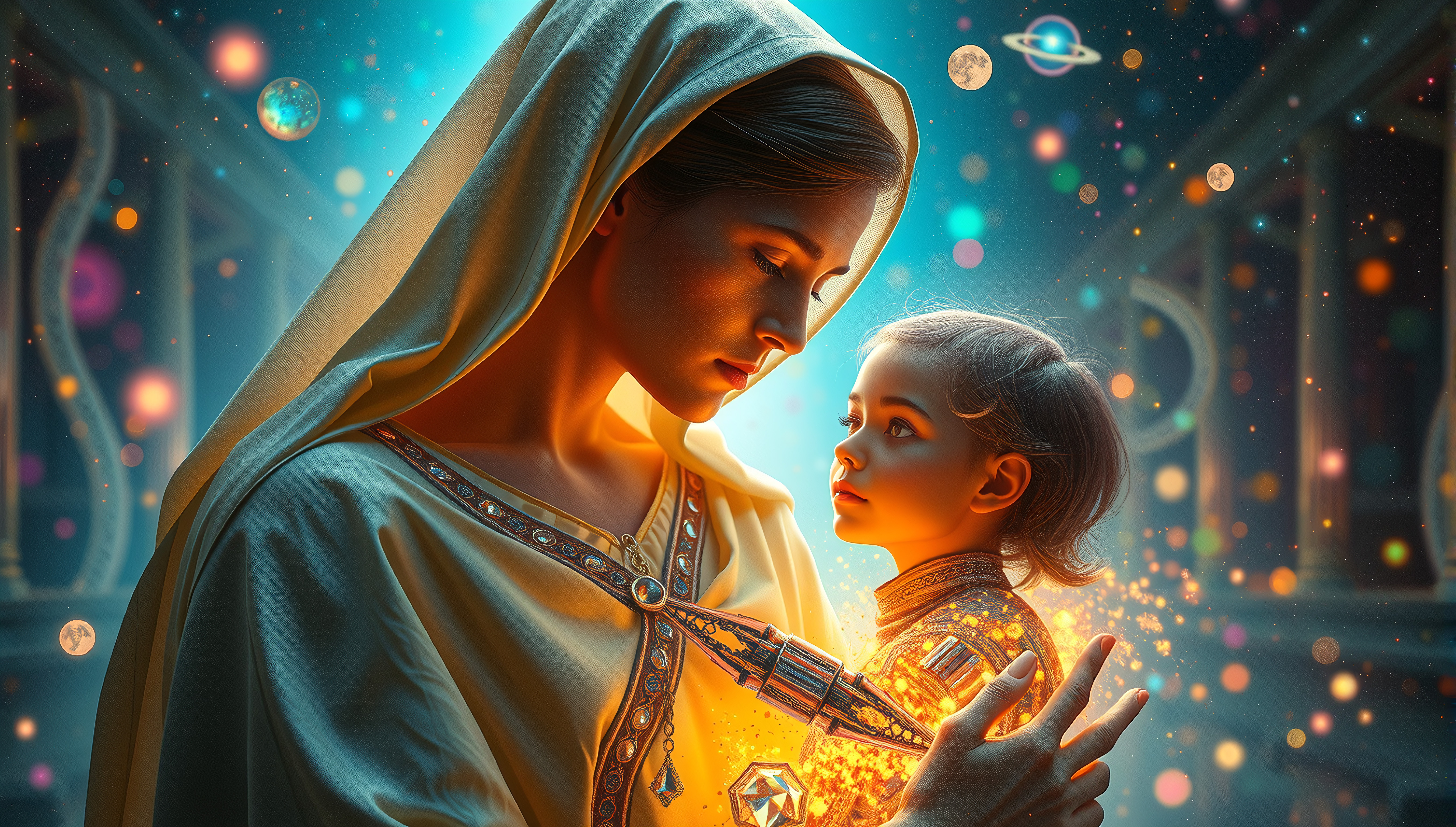 Woman holding child amidst starry cosmos