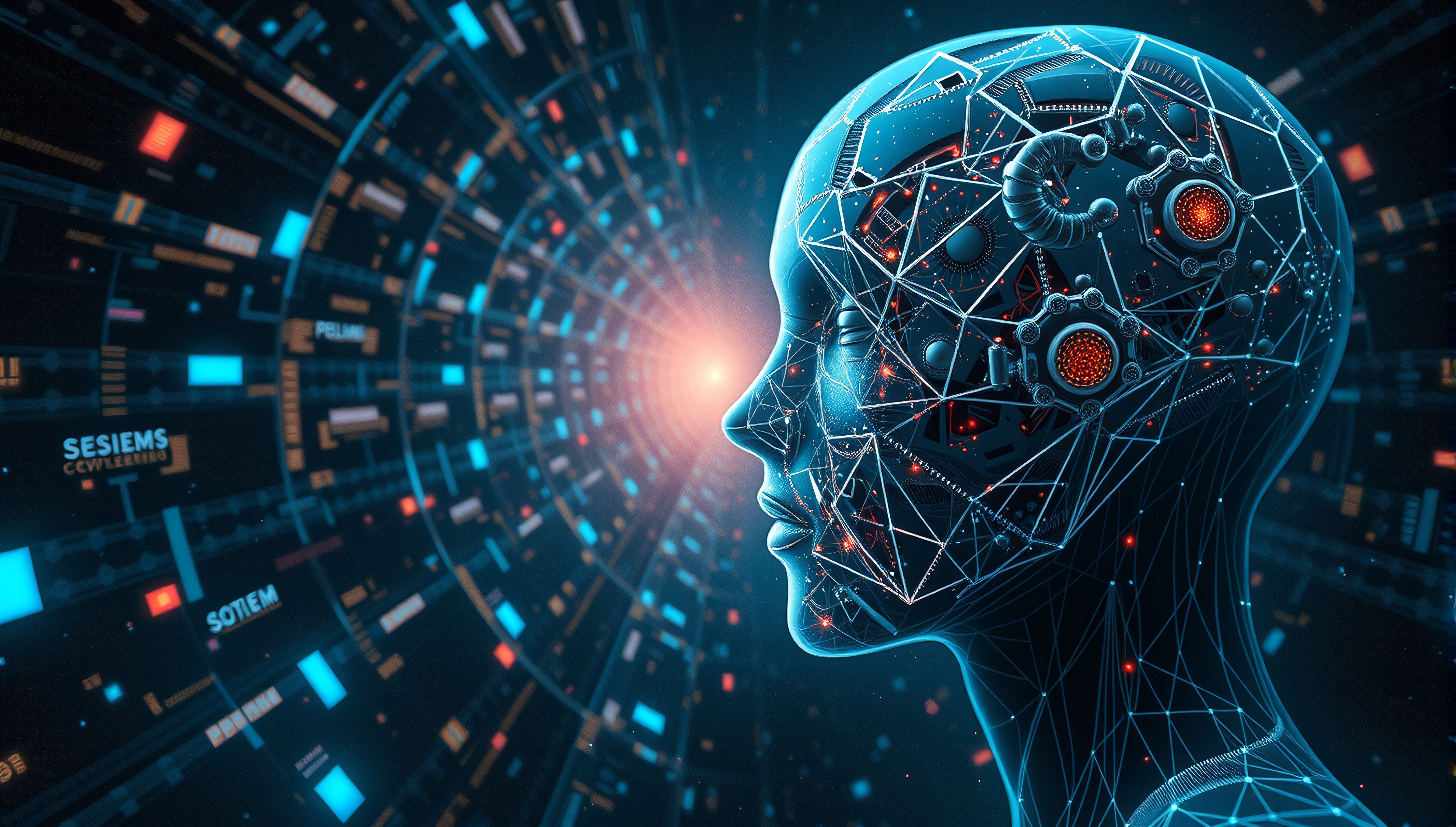 Futuristic AI head with glowing circuits.