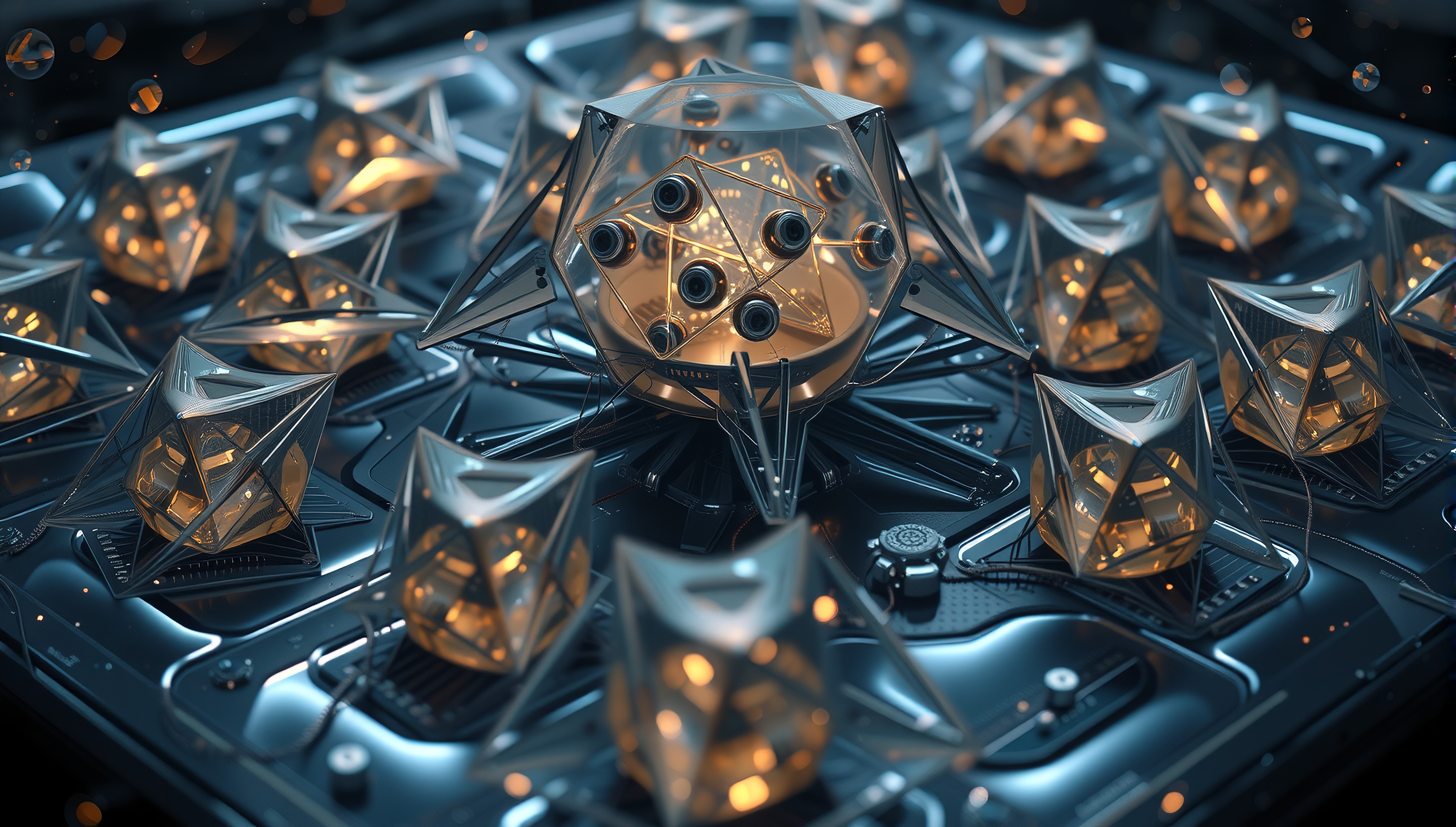 Futuristic abstract structure with geometric metallic forms and glowing details.