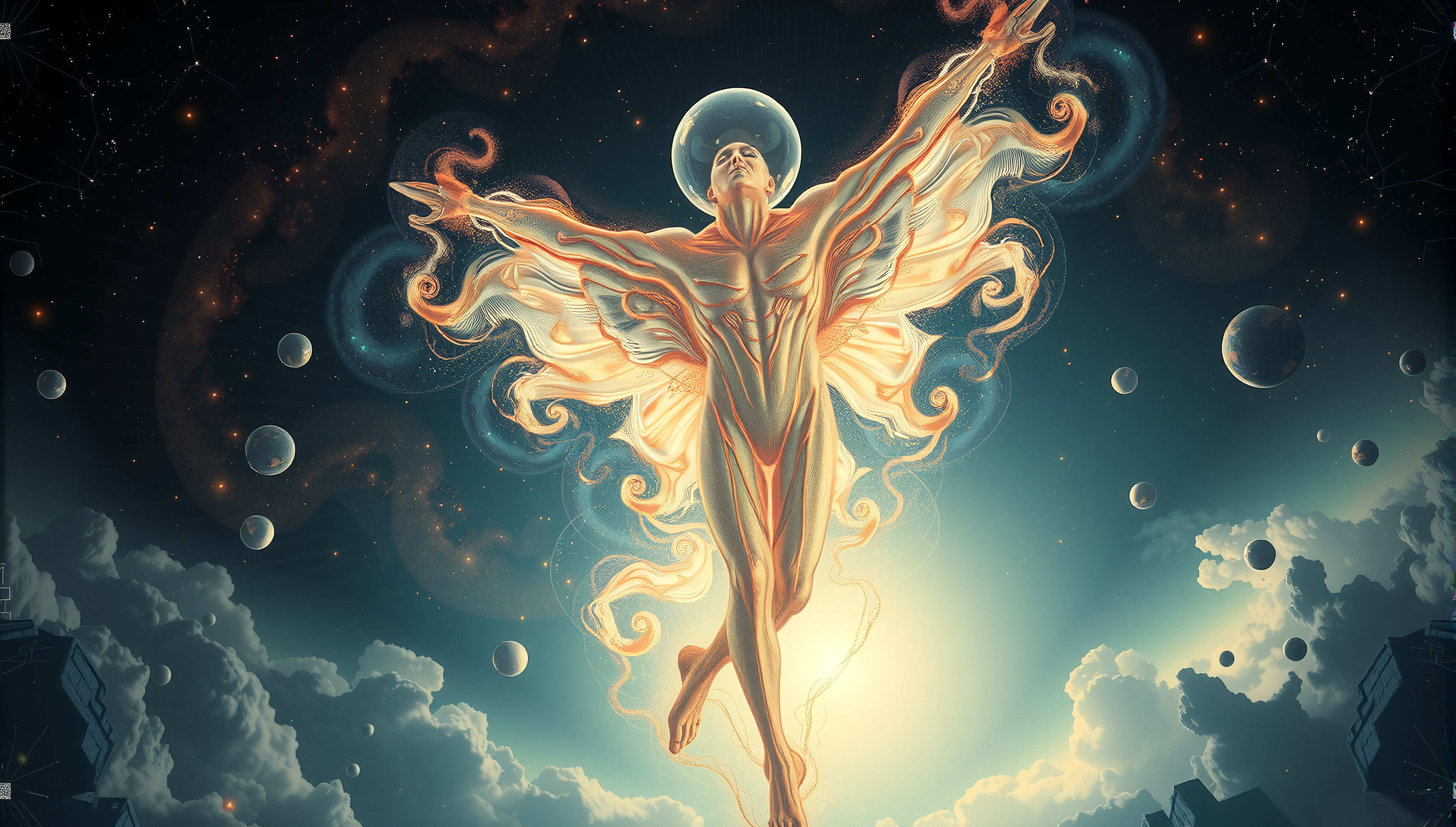 A cosmic figure with ethereal wings ascends amid stars and nebulae, embodying a surreal blend of fantasy and celestial imagery.