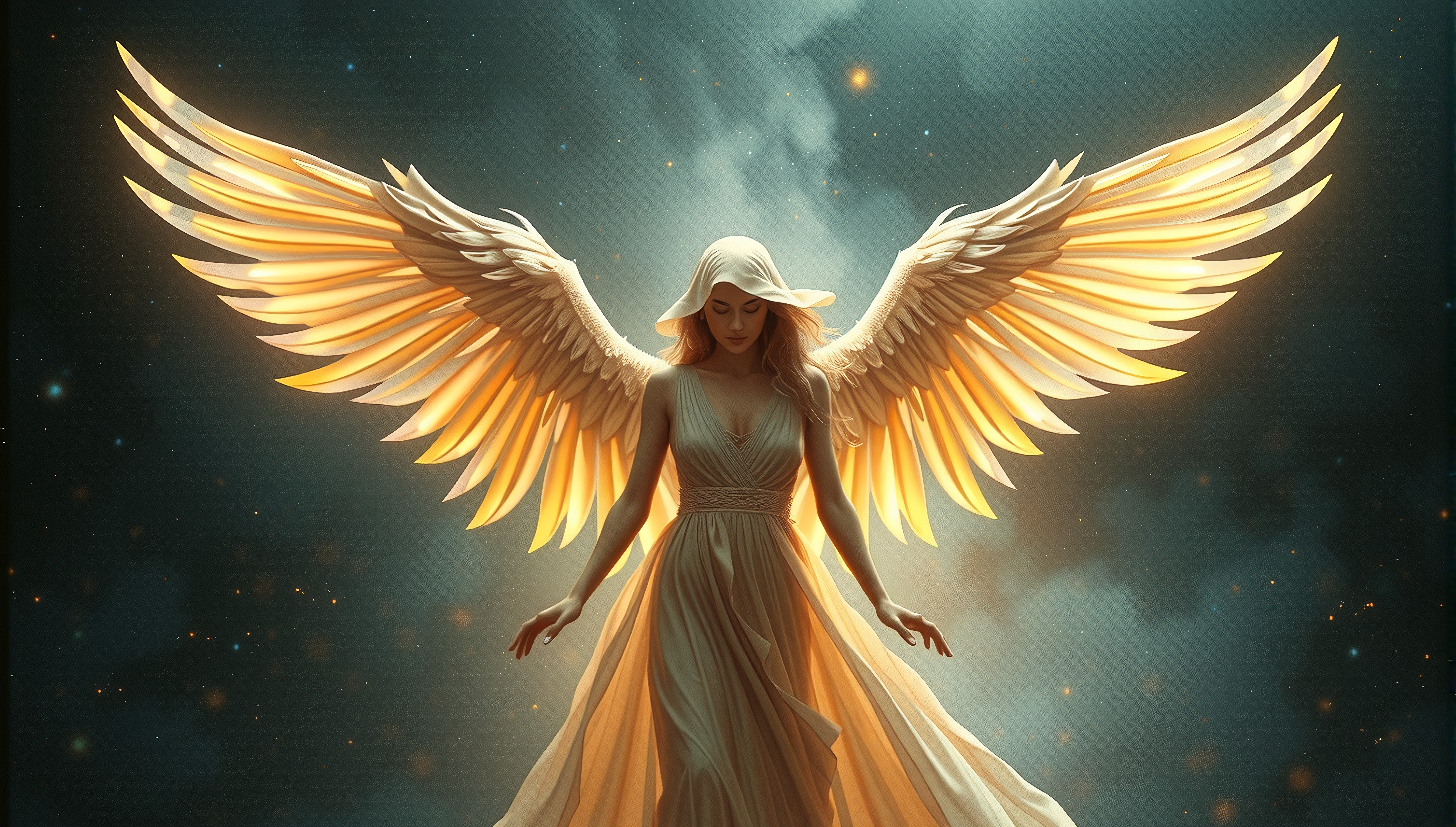Celestial Angel with Golden Wings Against Starry Cosmic Backdrop