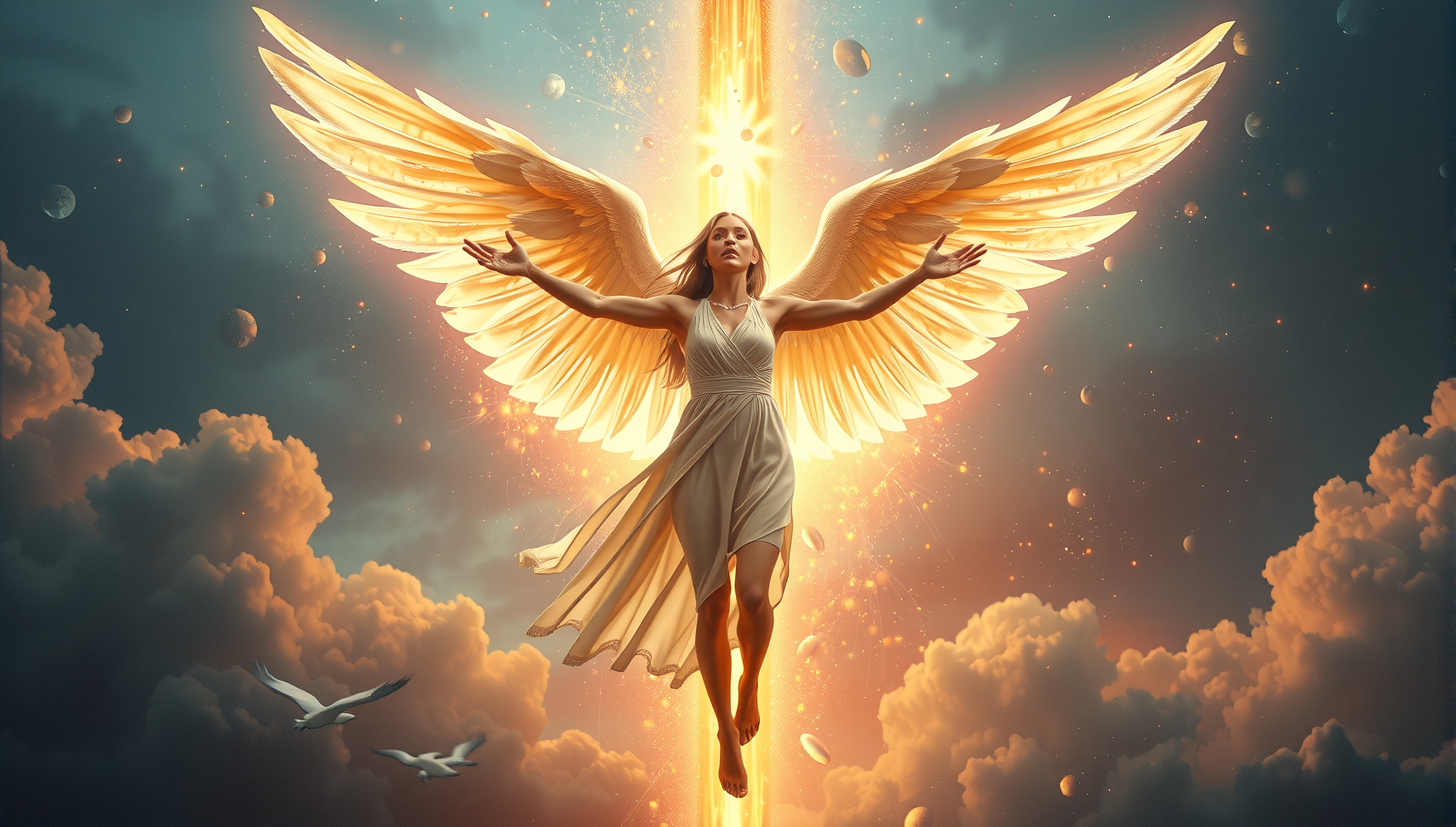 A celestial being with golden wings ascends toward a divine light, surrounded by a serene cosmic and cloud-filled scene.