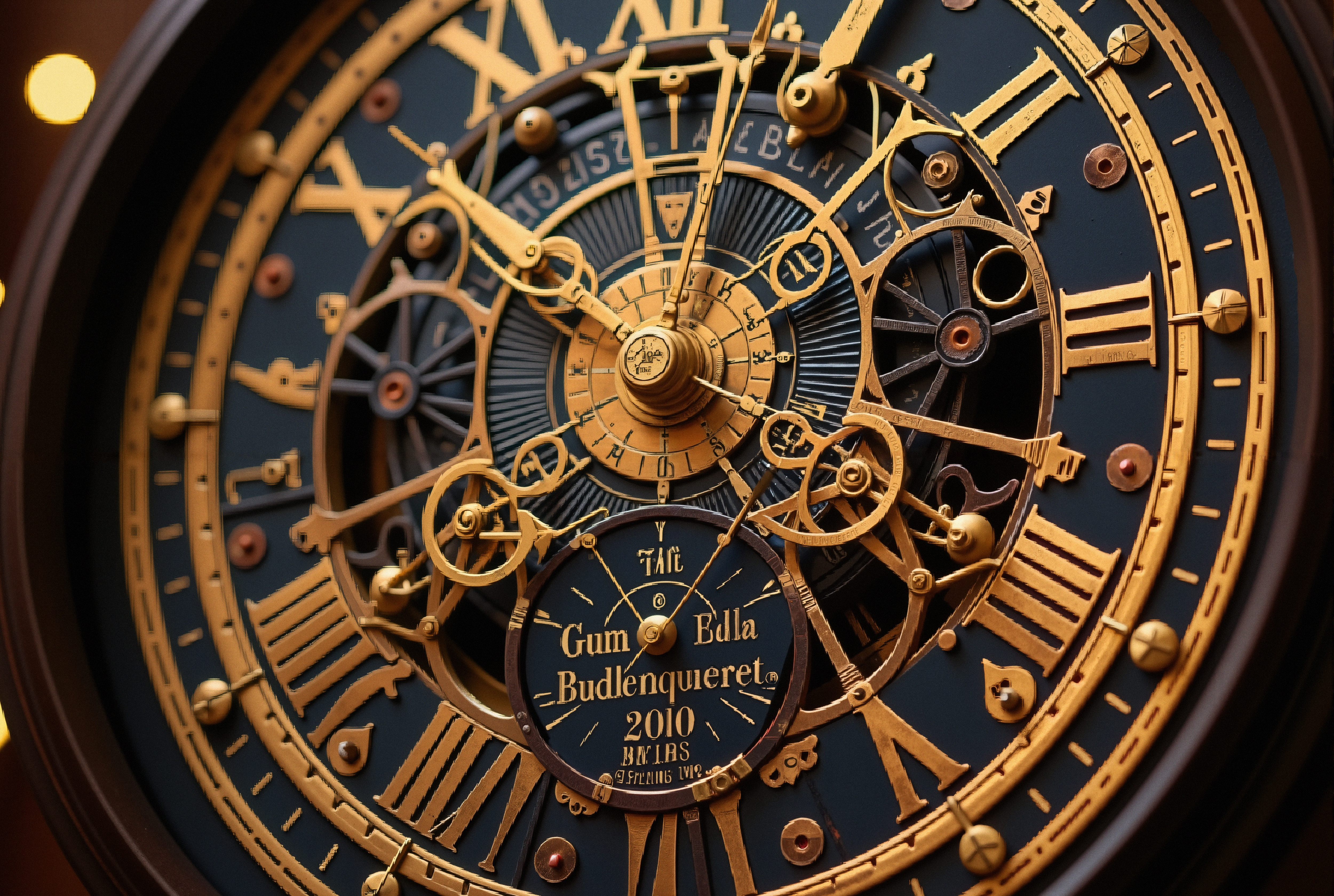 Antique clock with brass Roman numerals and intricate gearwork, 2010 edition