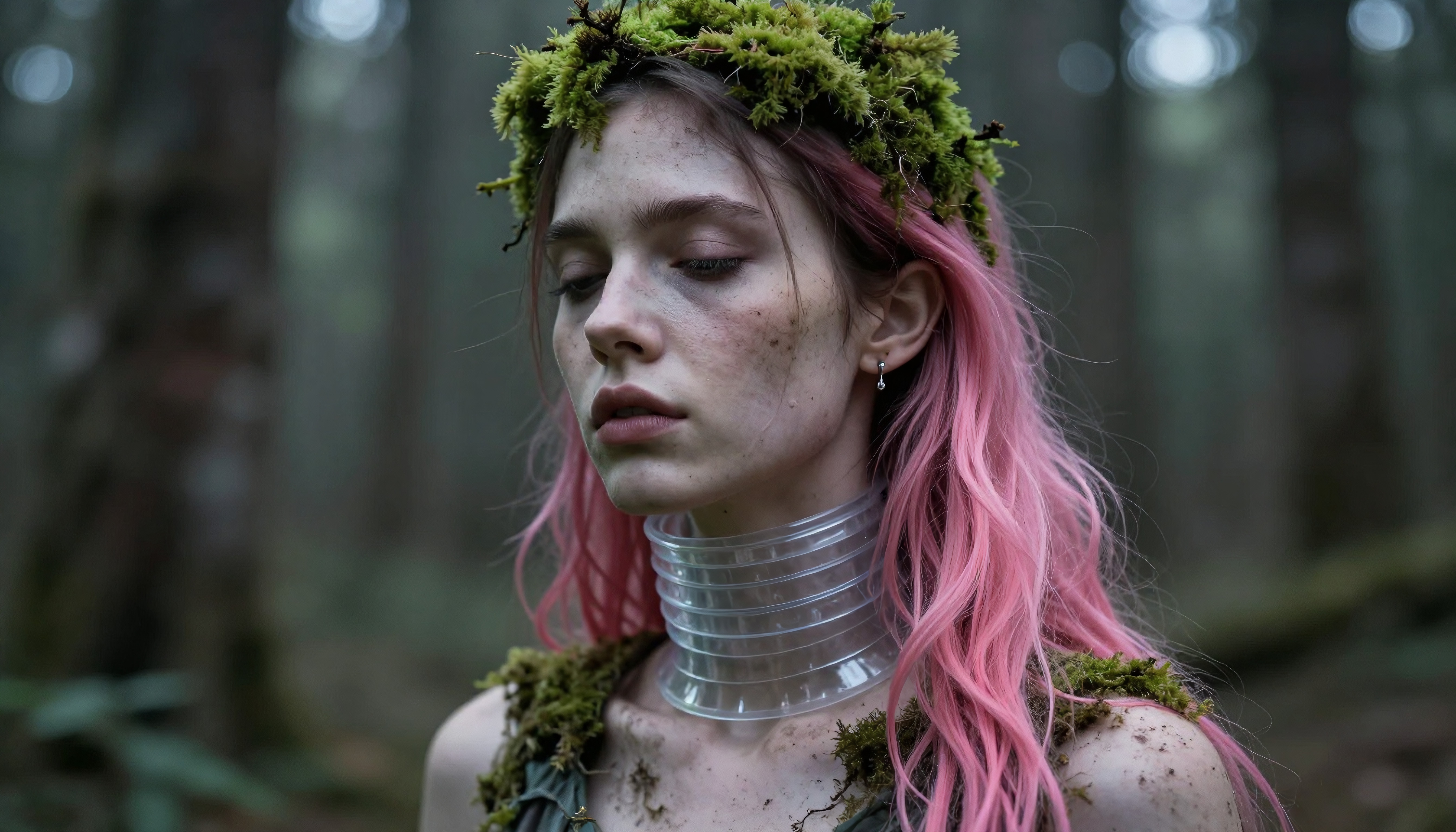 A serene young individual with pink hair, wearing a moss crown in a misty forest setting.