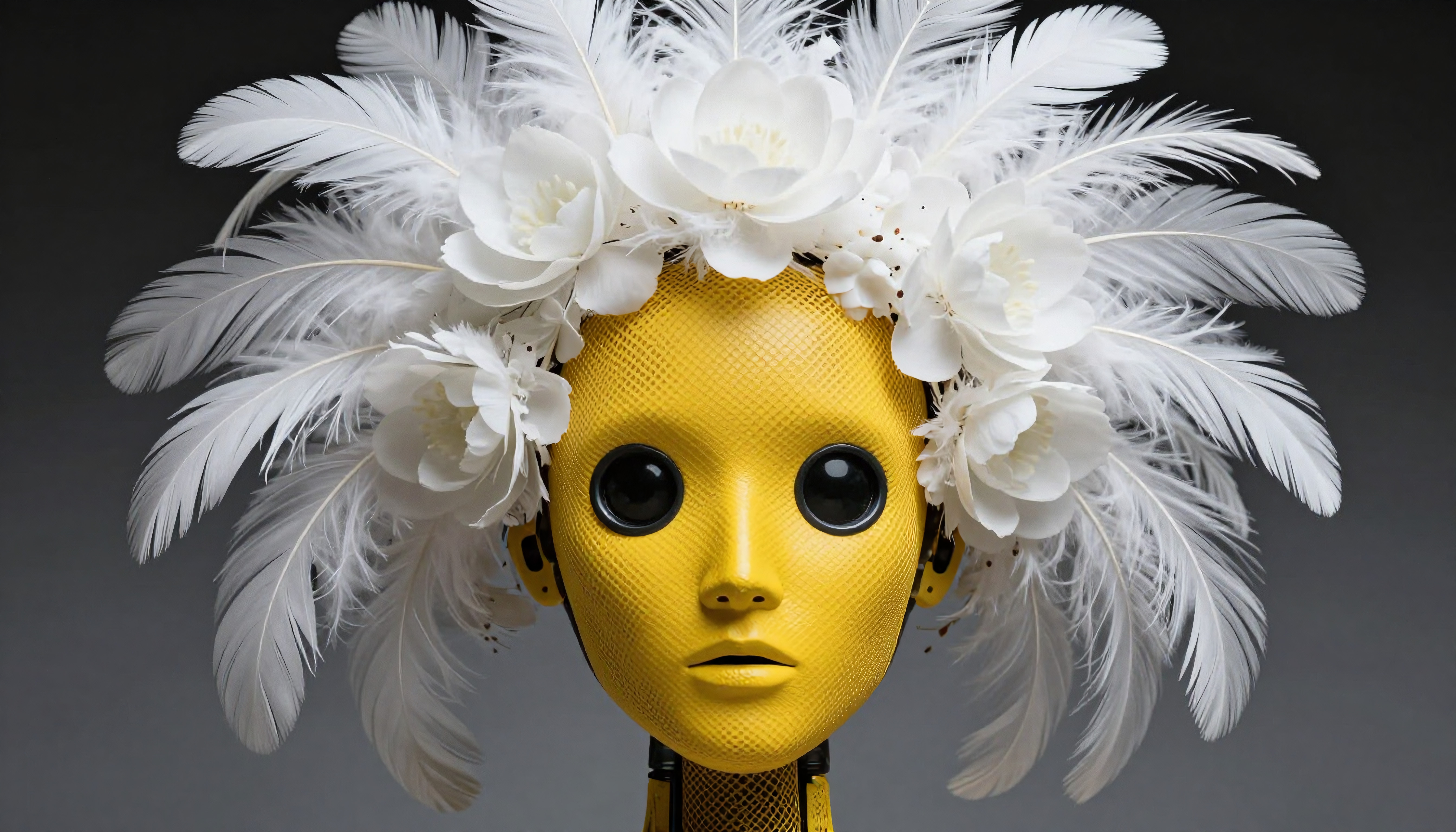 Yellow robot with floral and feather headdress in a modern artistic design.
