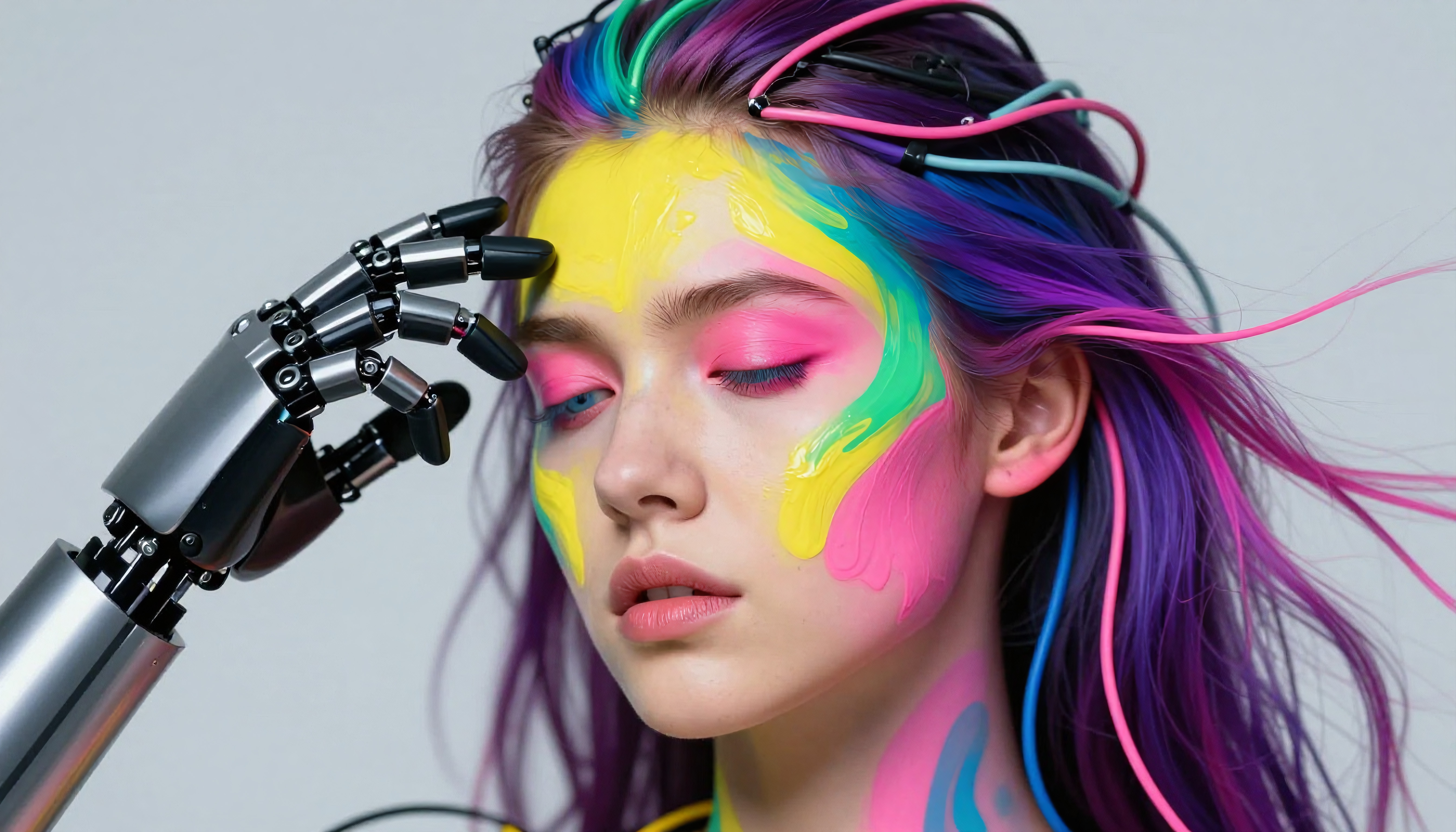 A young woman with vibrant painted face and a robotic hand, showcasing futuristic technology and vivid artistic expression.
