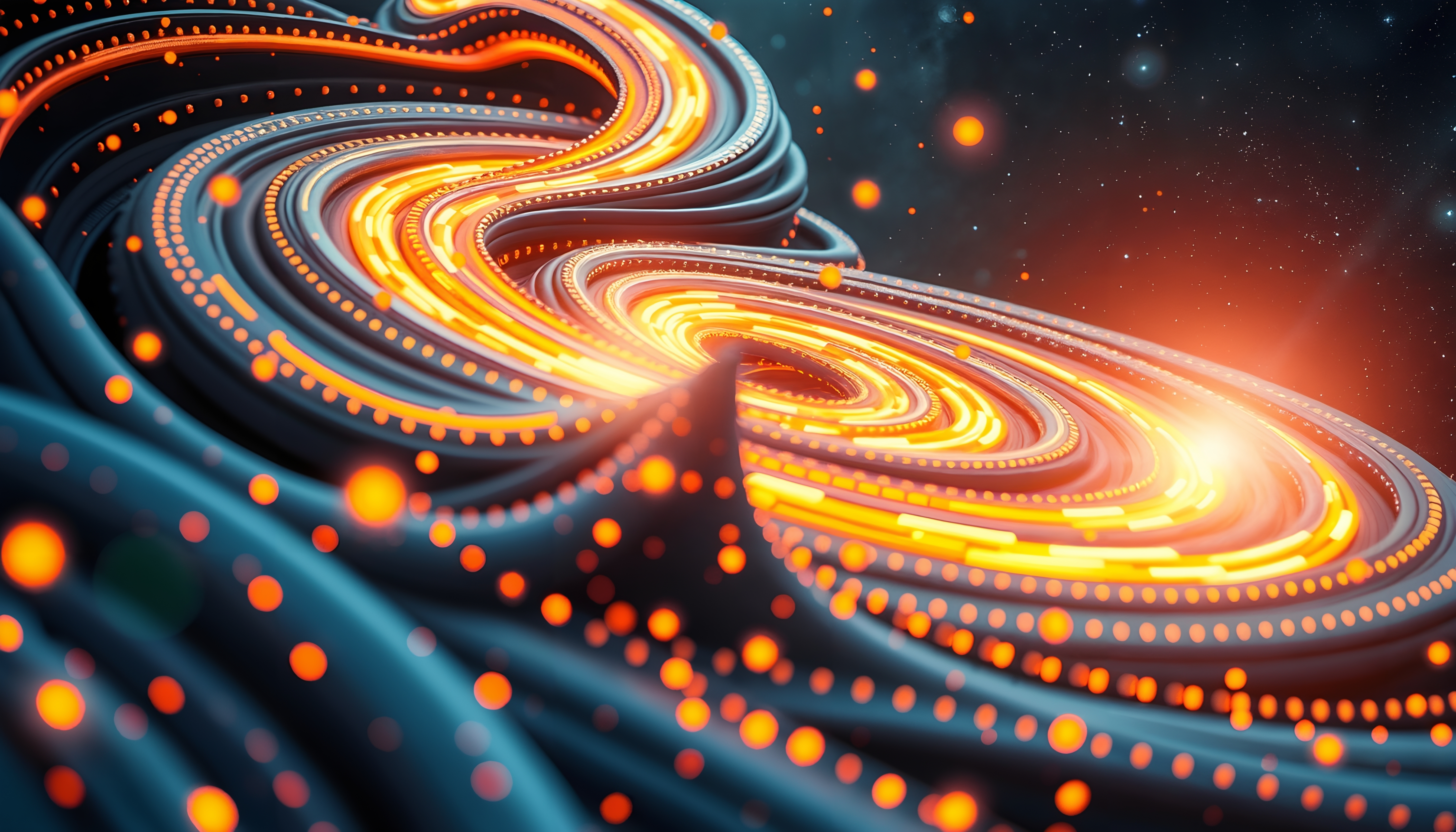 Abstract image of swirling luminescent trails in a cosmic scene with starry sky and vibrant orange particles.