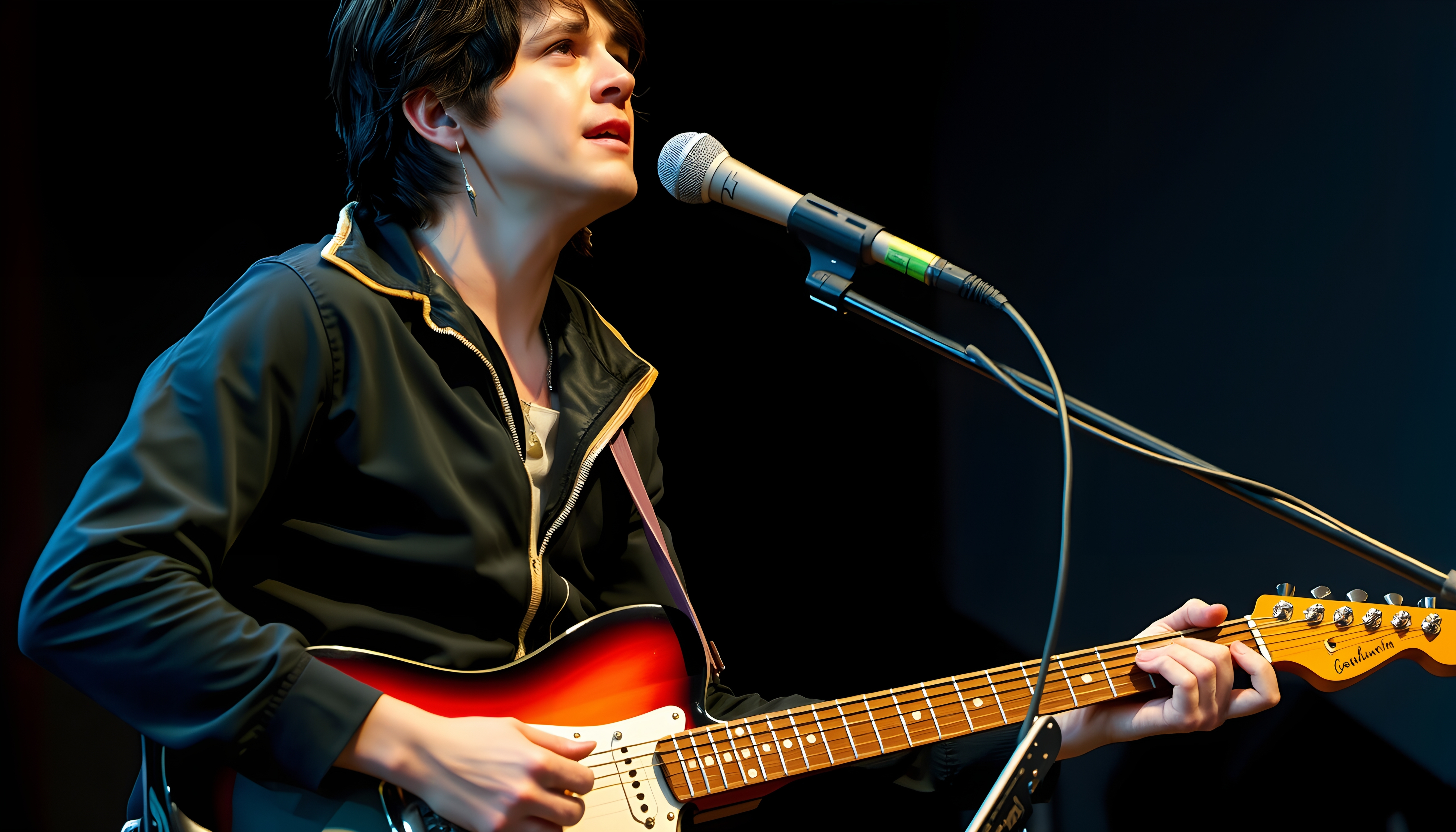 Young musician passionately performs on stage, playing an electric guitar and singing into a microphone.
