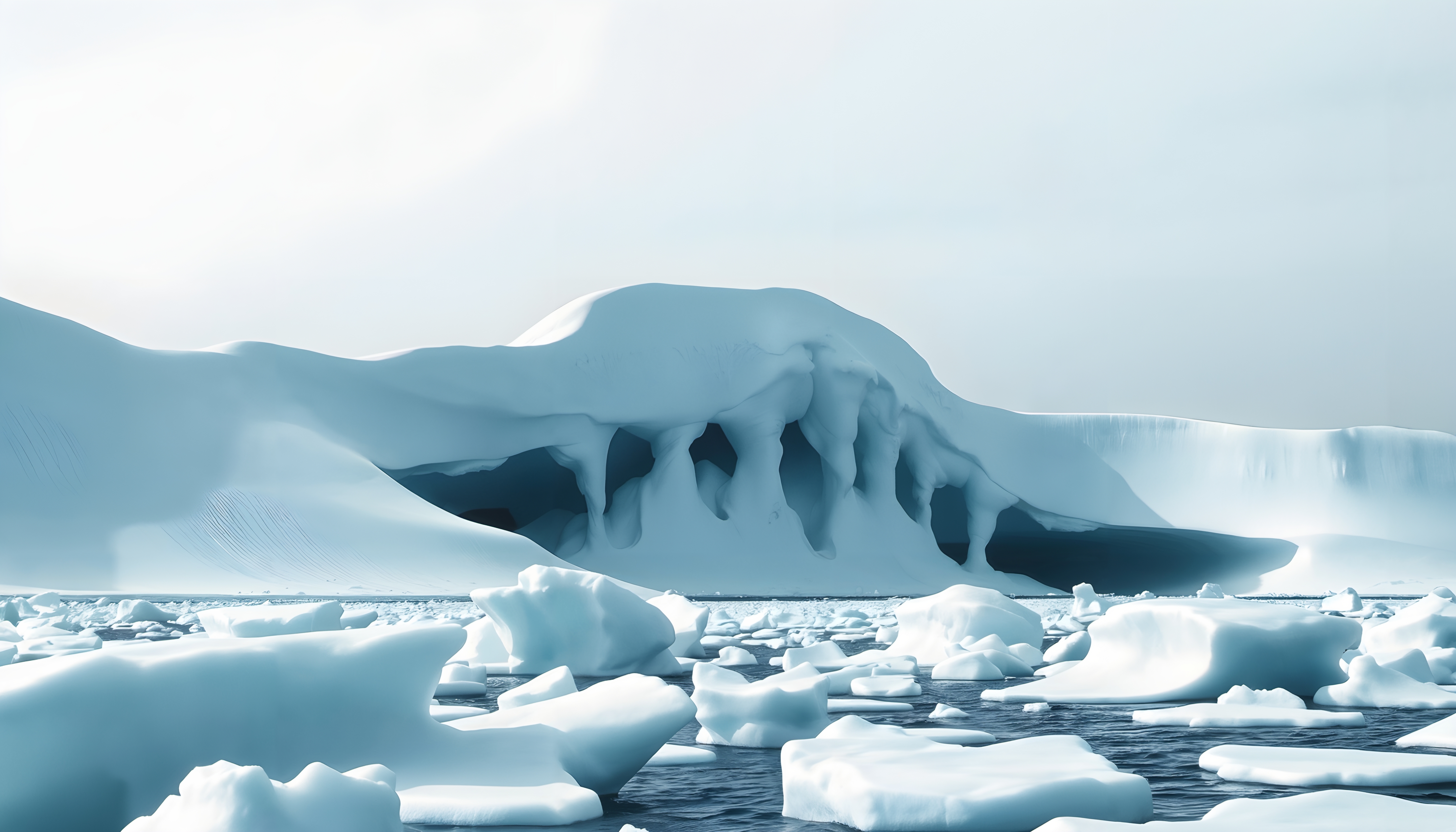 A stunning iceberg with intricate formations surrounded by floating ice in a serene arctic landscape.