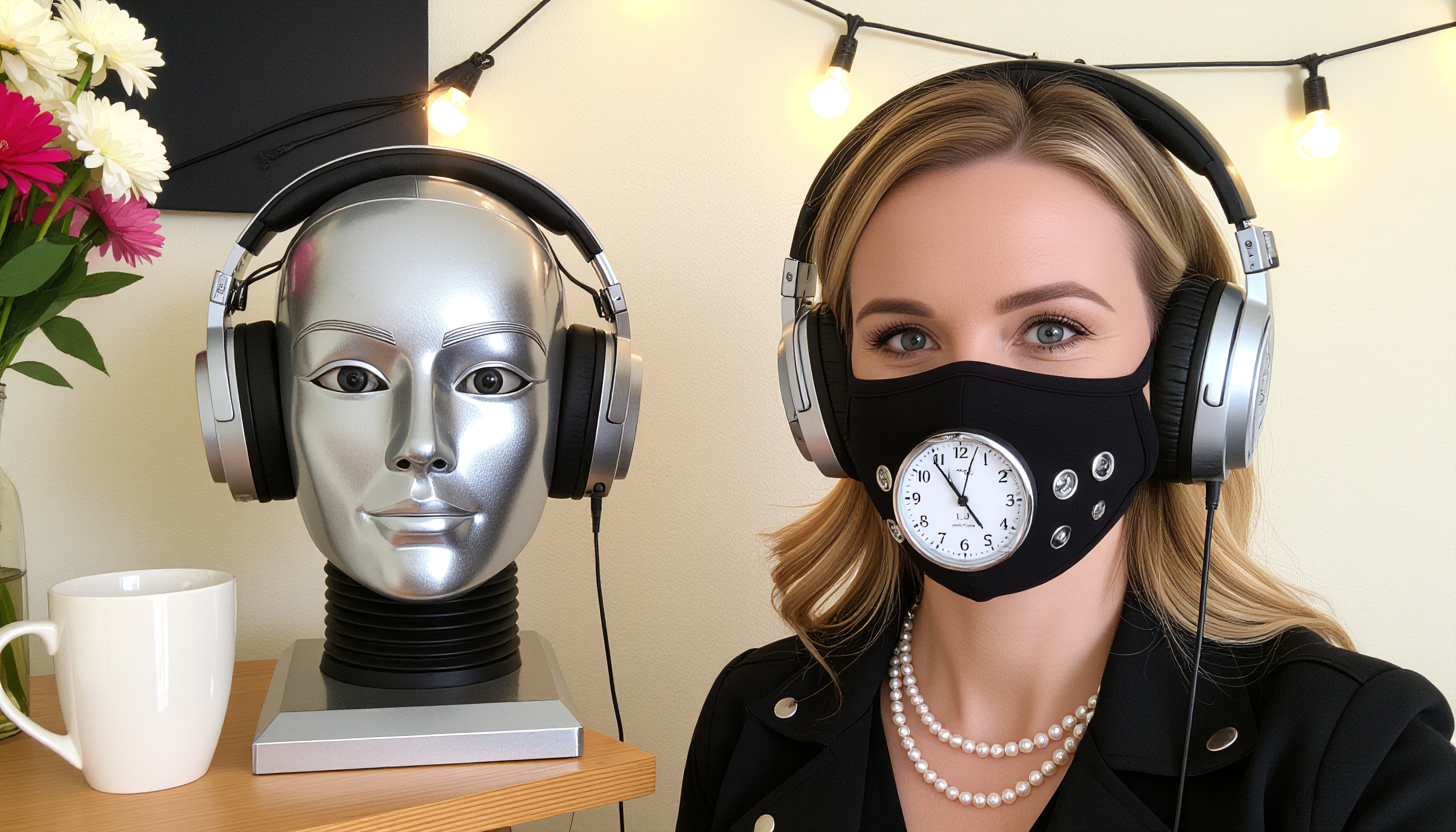 A blonde woman with a clock mask and headphones beside a mannequin head.